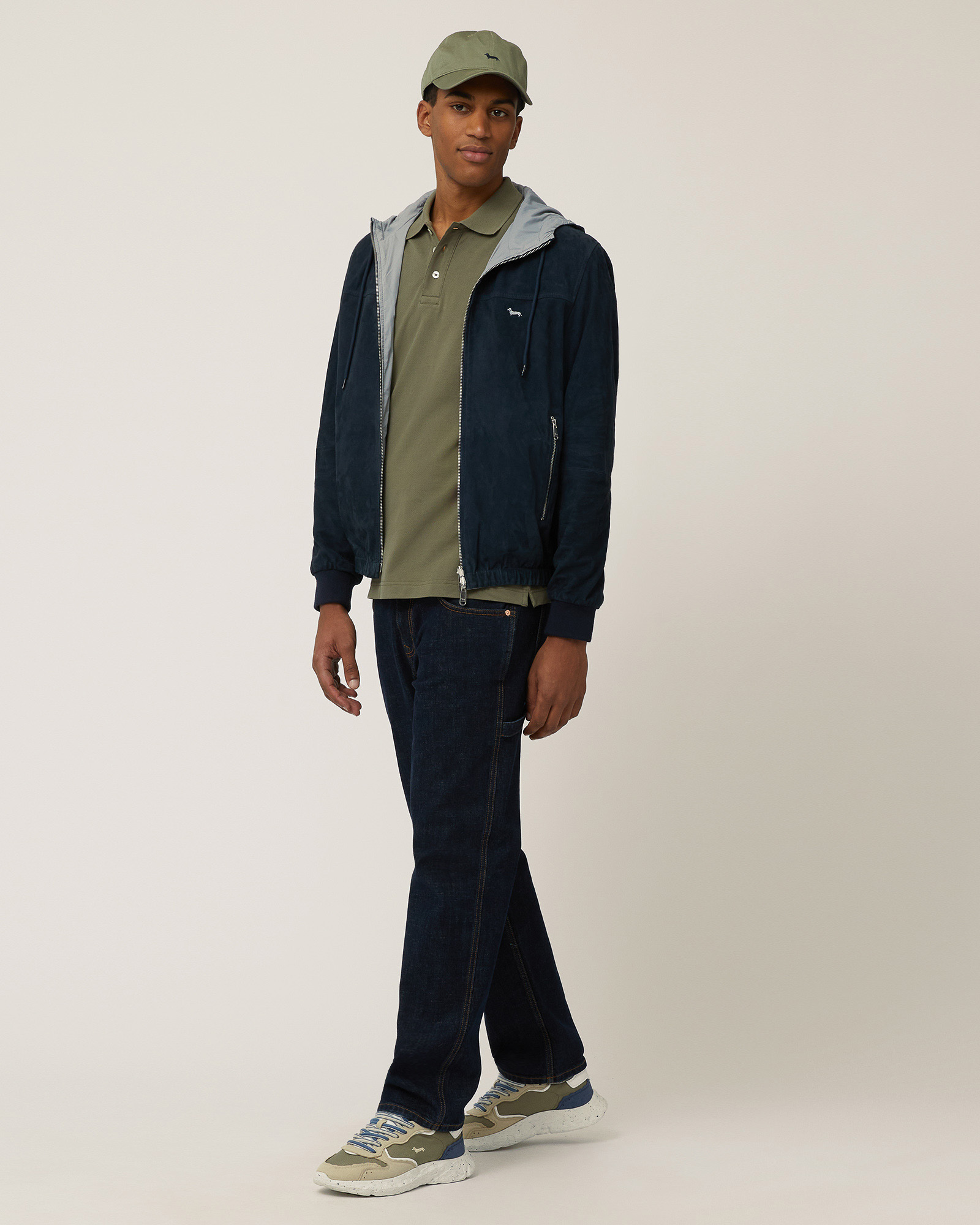 Leather and Nylon Bomber Jacket, Navy Blue, large image number 3
