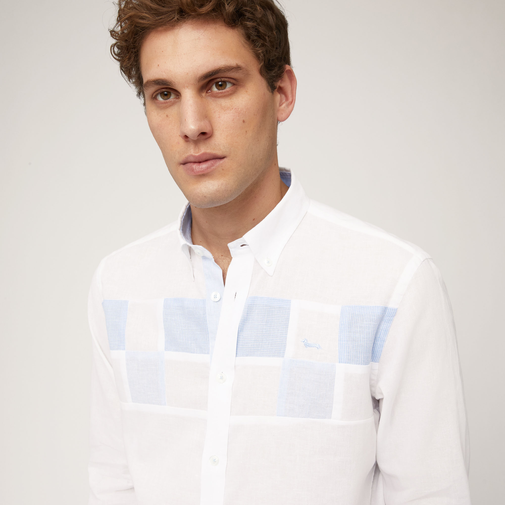 Linen and Cotton Shirt with Contrasting Squares, White, large image number 2