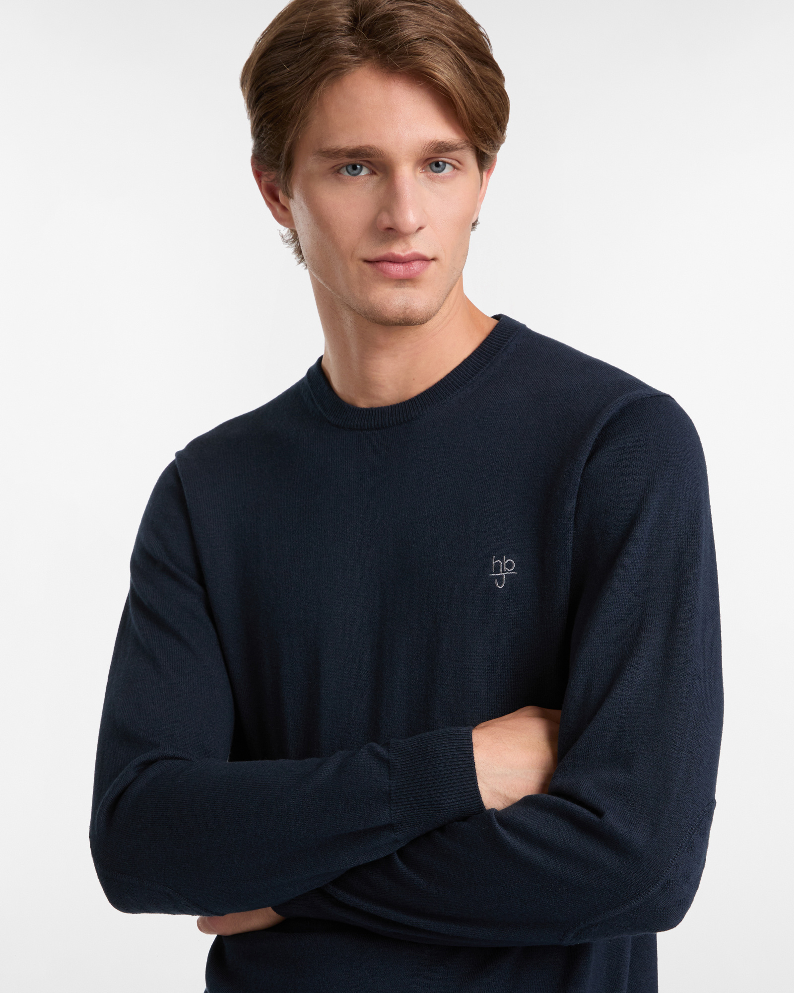 Maglione Girocollo in misto Cotone e Lana con Toppe Tono su Tono, Blu Scuro, large image number 2