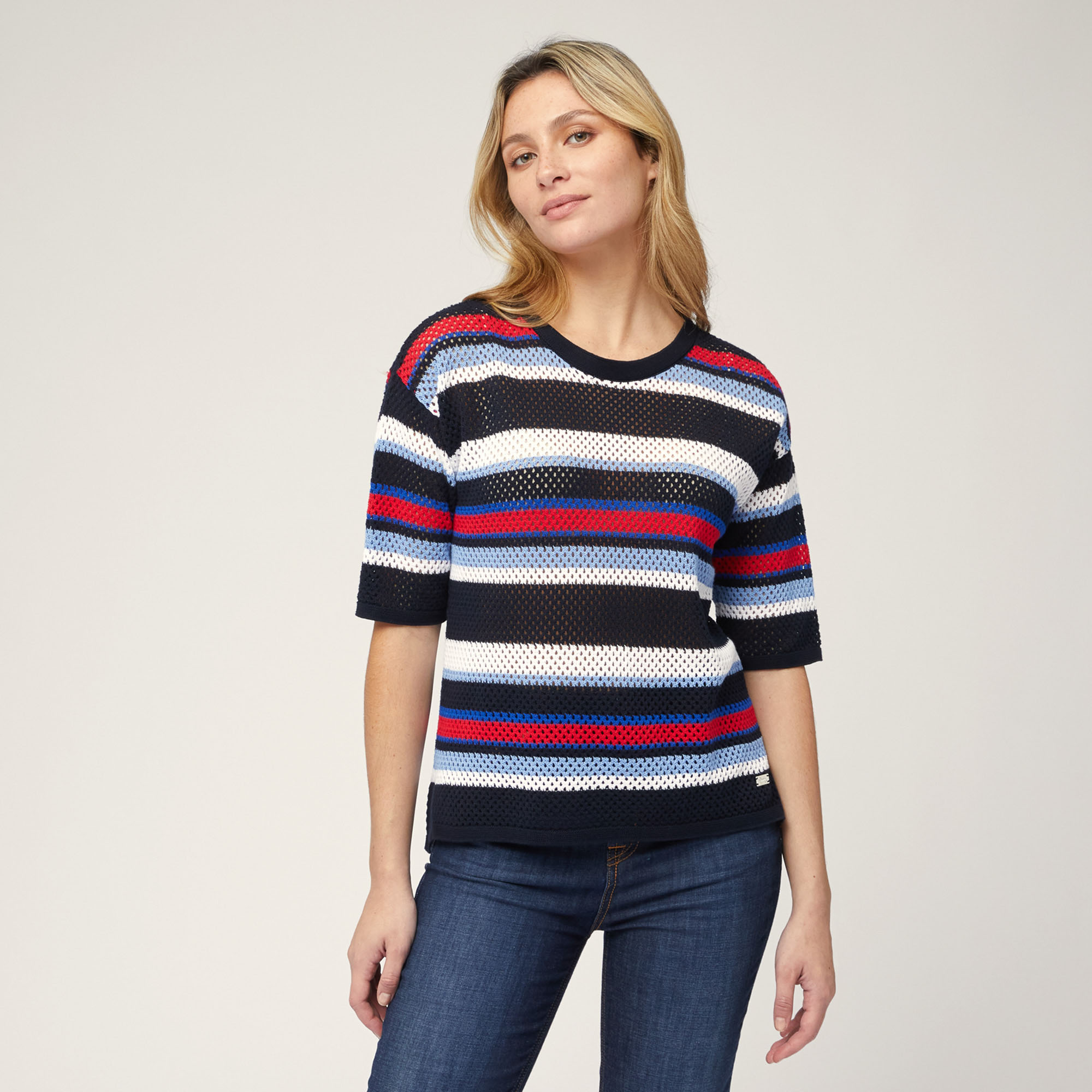 Striped Openwork Sweater, Blue, large
