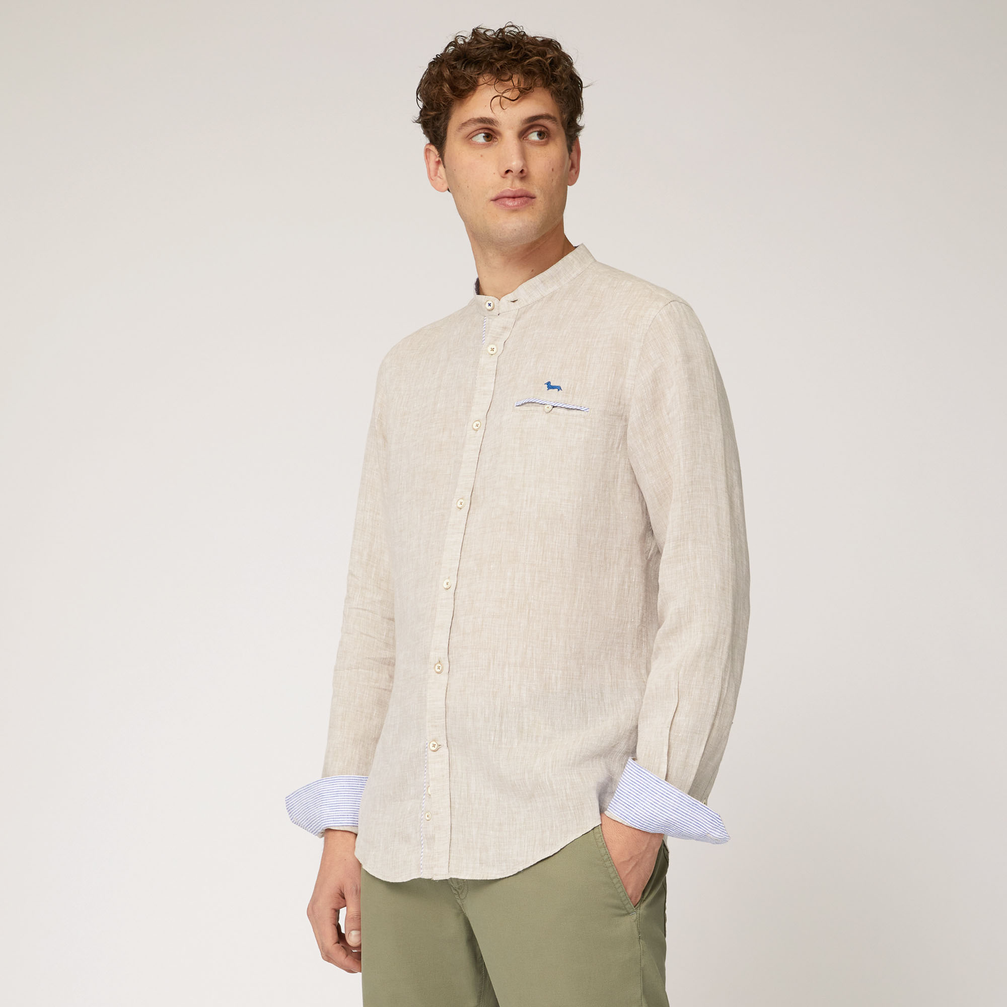 Linen Shirt with Mandarin Collar and Breast Pocket, Beige, large