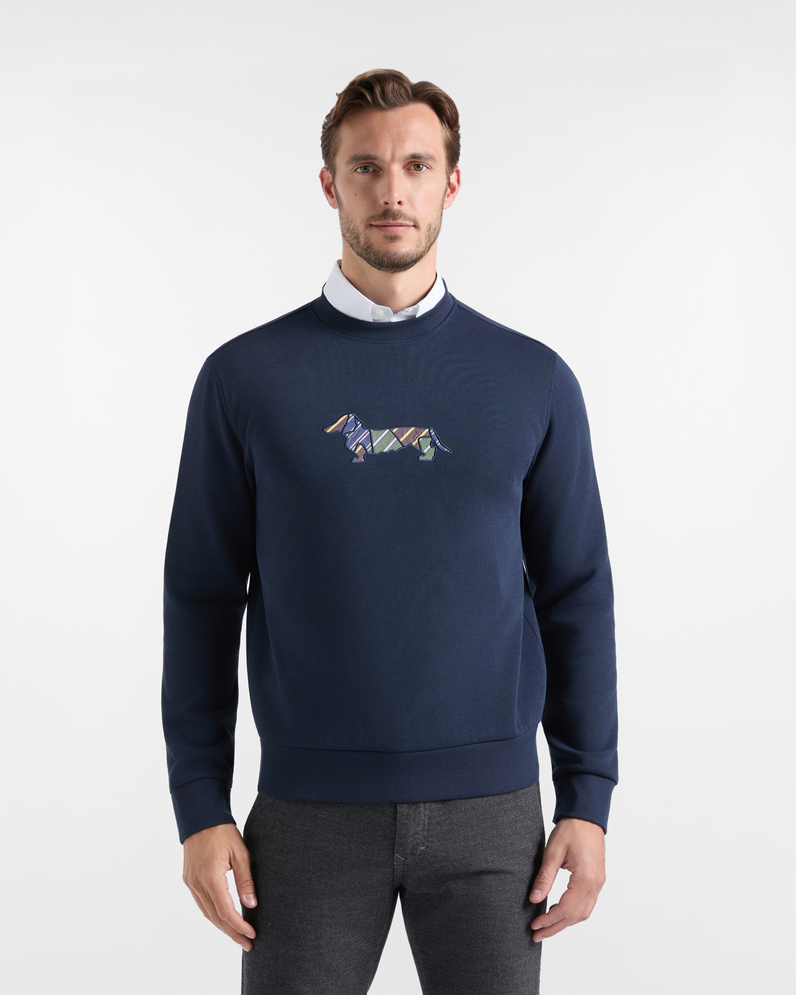 Men's blue ribbed cotton crewneck sweatshirt with regimental patch