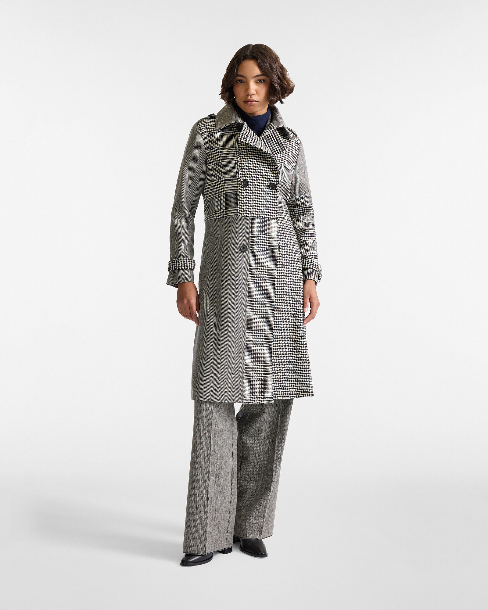 Double-Breasted Trench in Wool Patchwork Capsule Artigianalità a Colori, Black, large image number 3