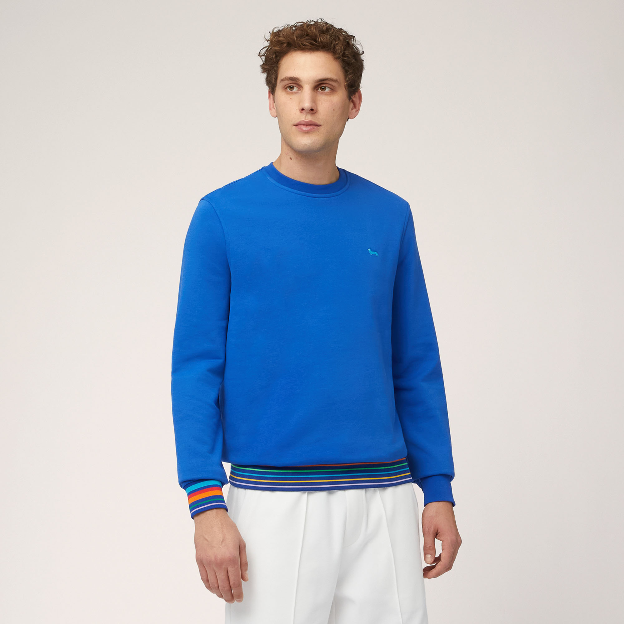 Crew Neck Cotton Pullover with Striped Details, Hydrangea, large