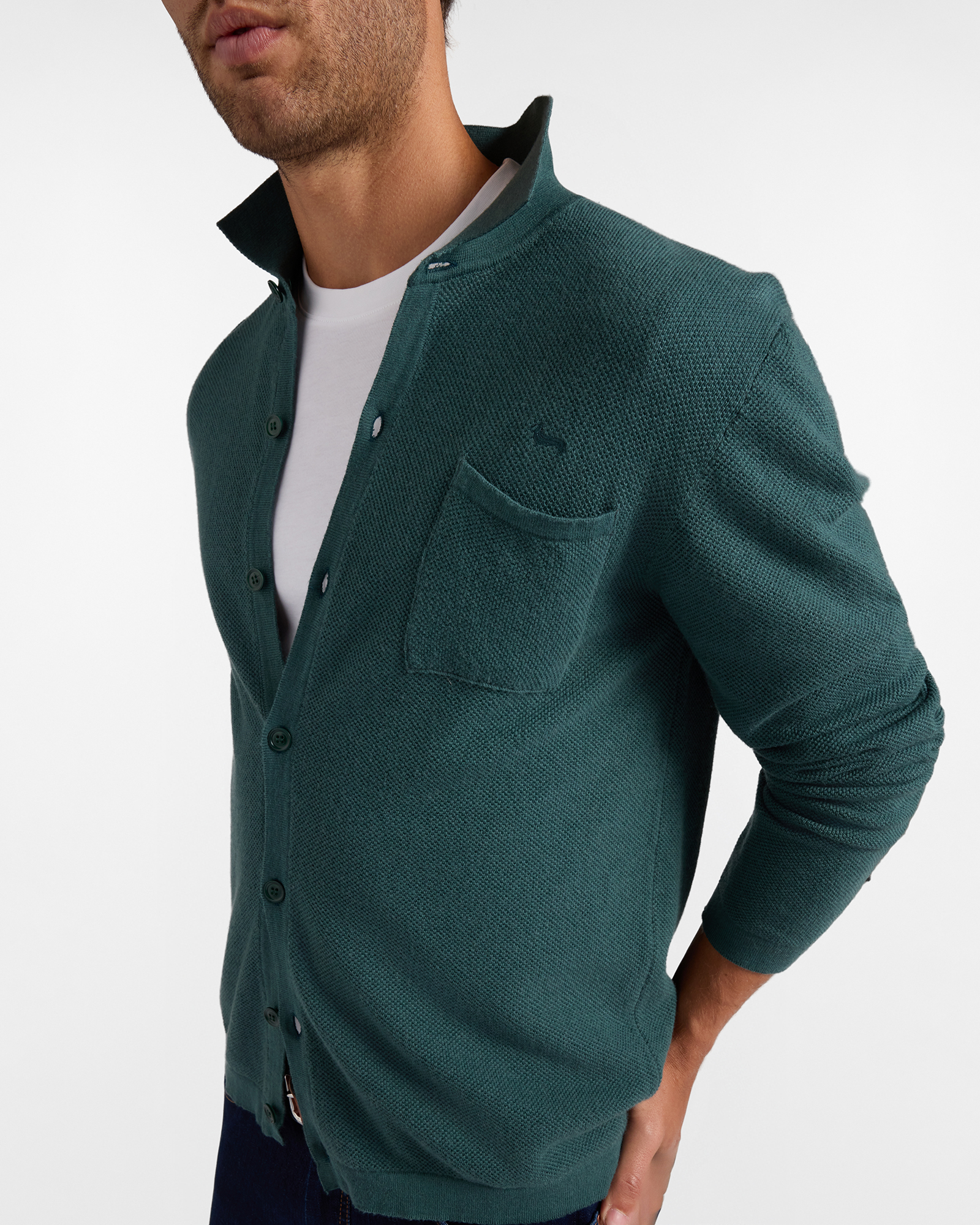 Men's Made in Italy buttoned polo shirt collar sweater in  wool and cotton blend with regular fit, BOTTLE GREEN, large image number 2