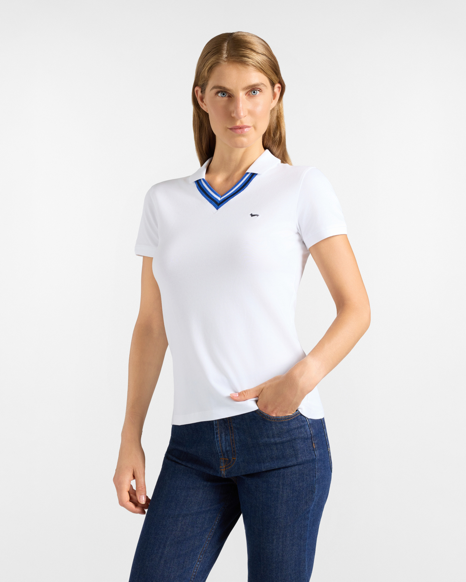 Polo da donna manica corta in cotone stretch bianco