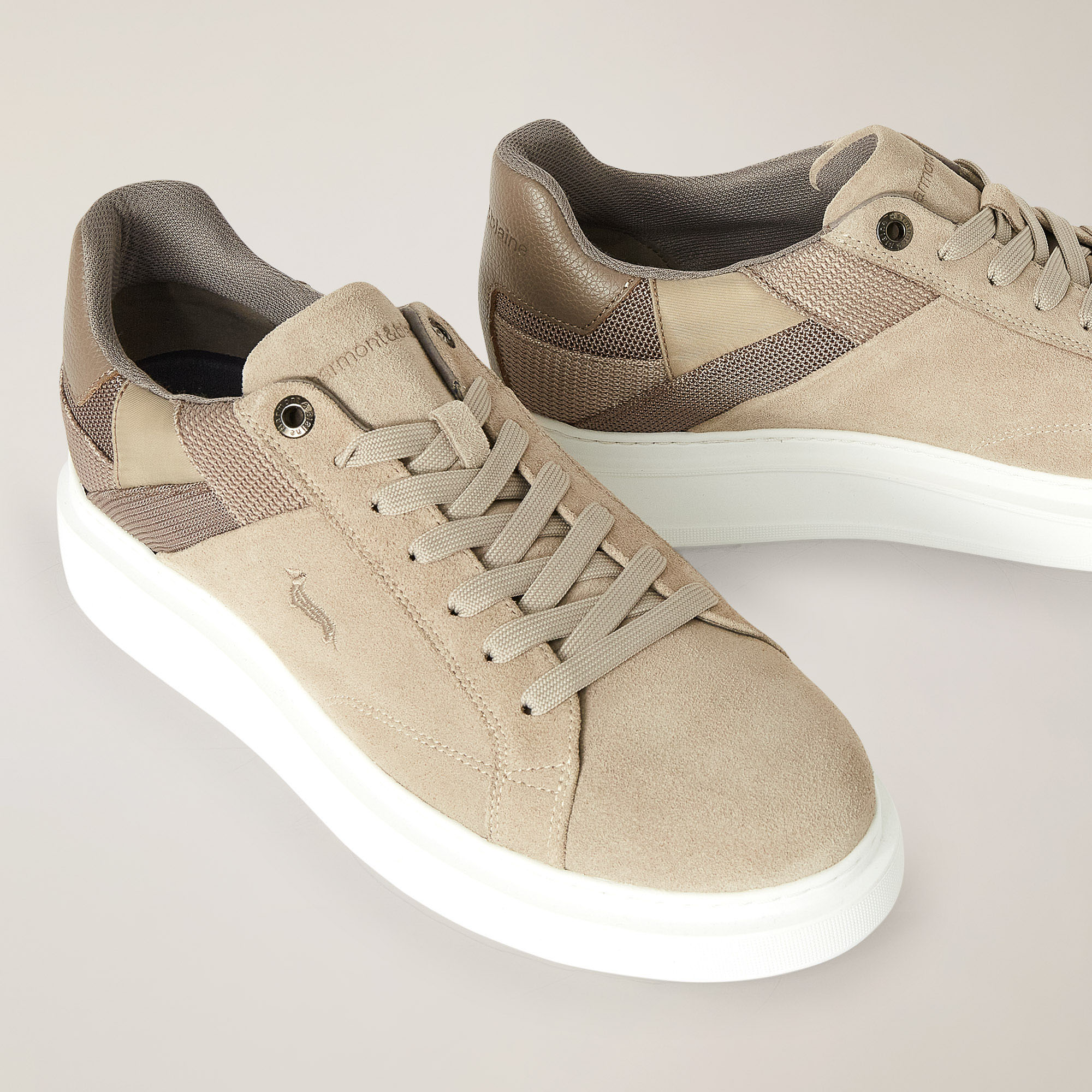 Sneaker In Vera Pelle E Tessuto, Beige, large image number 3