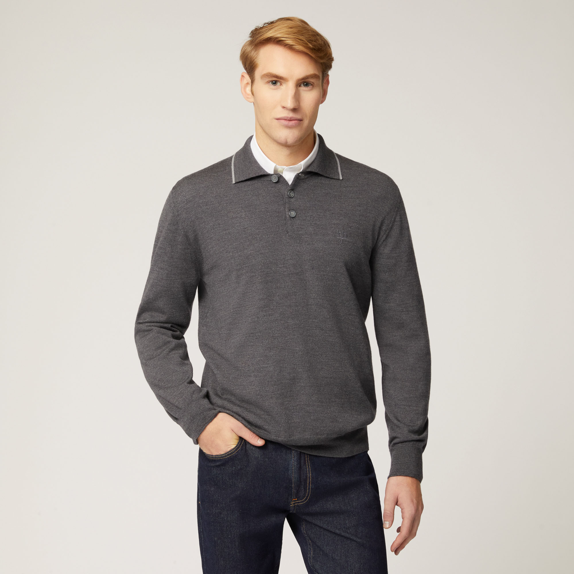 Pullover Con Colletto E Bottoni, Grigio, large image number 0