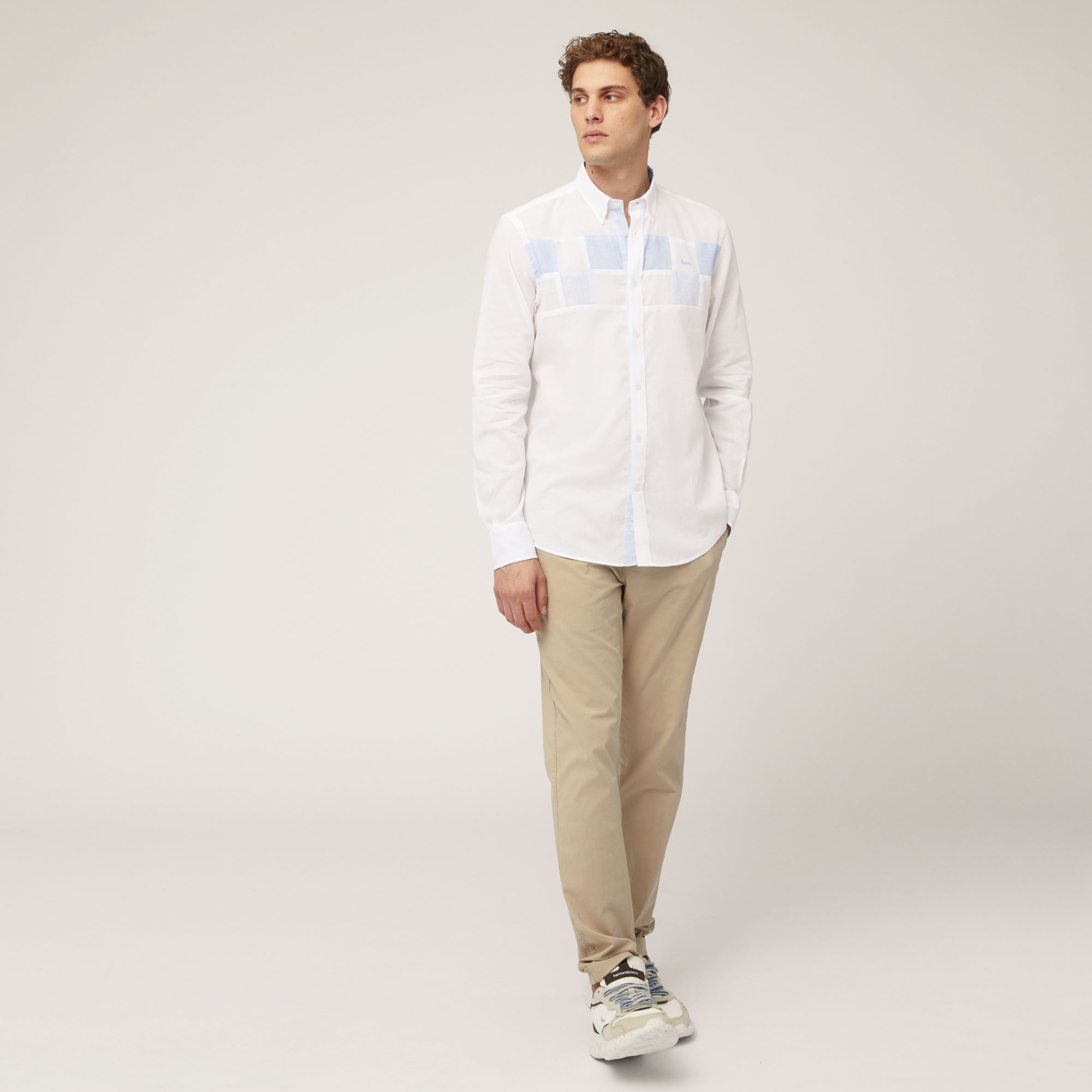 Linen and Cotton Shirt with Contrasting Squares, White, large image number 3