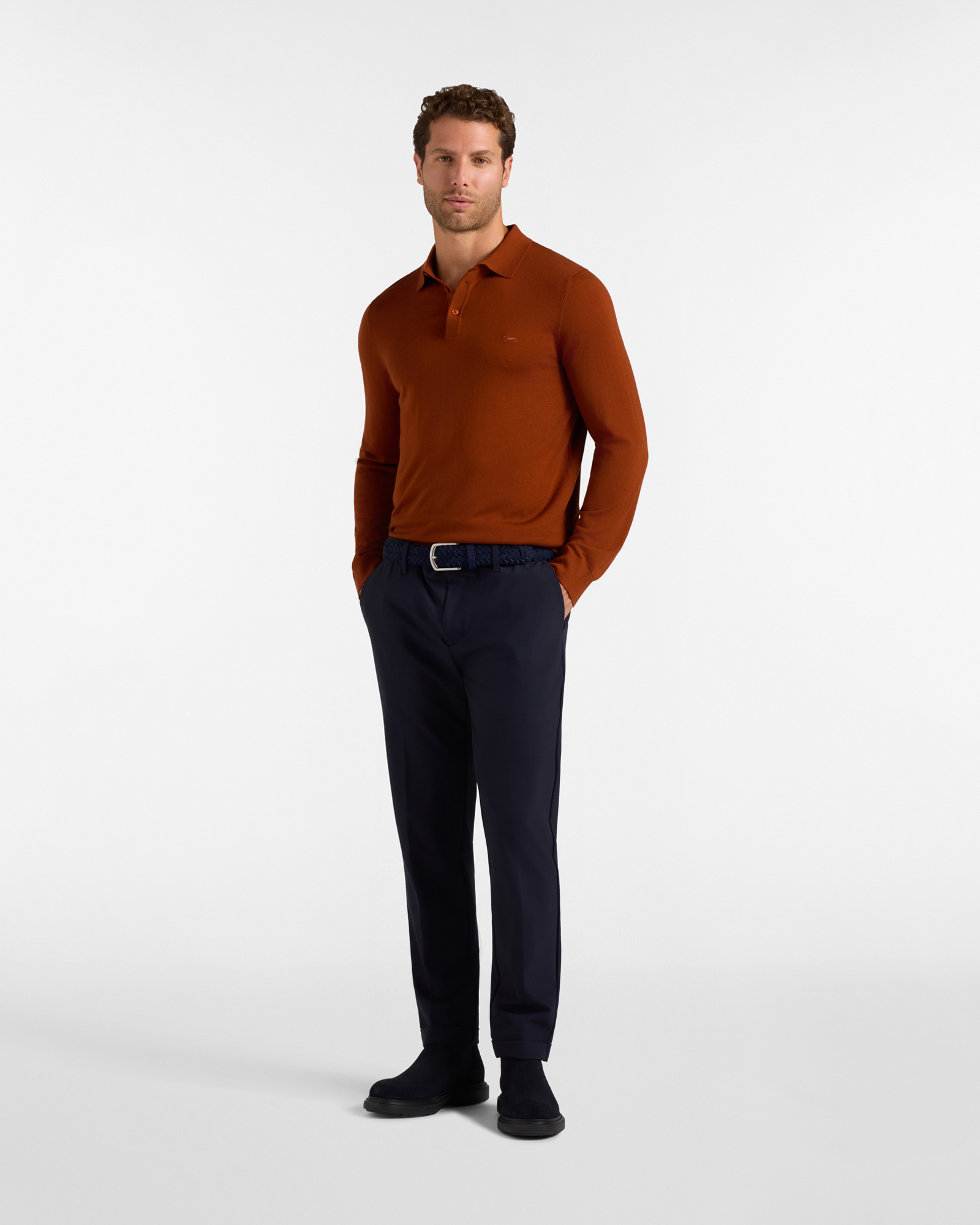 Maglia Uomo con colletto polo abbottonato in 100% pura lana Regular Fit, ROSSO MATTONE, large