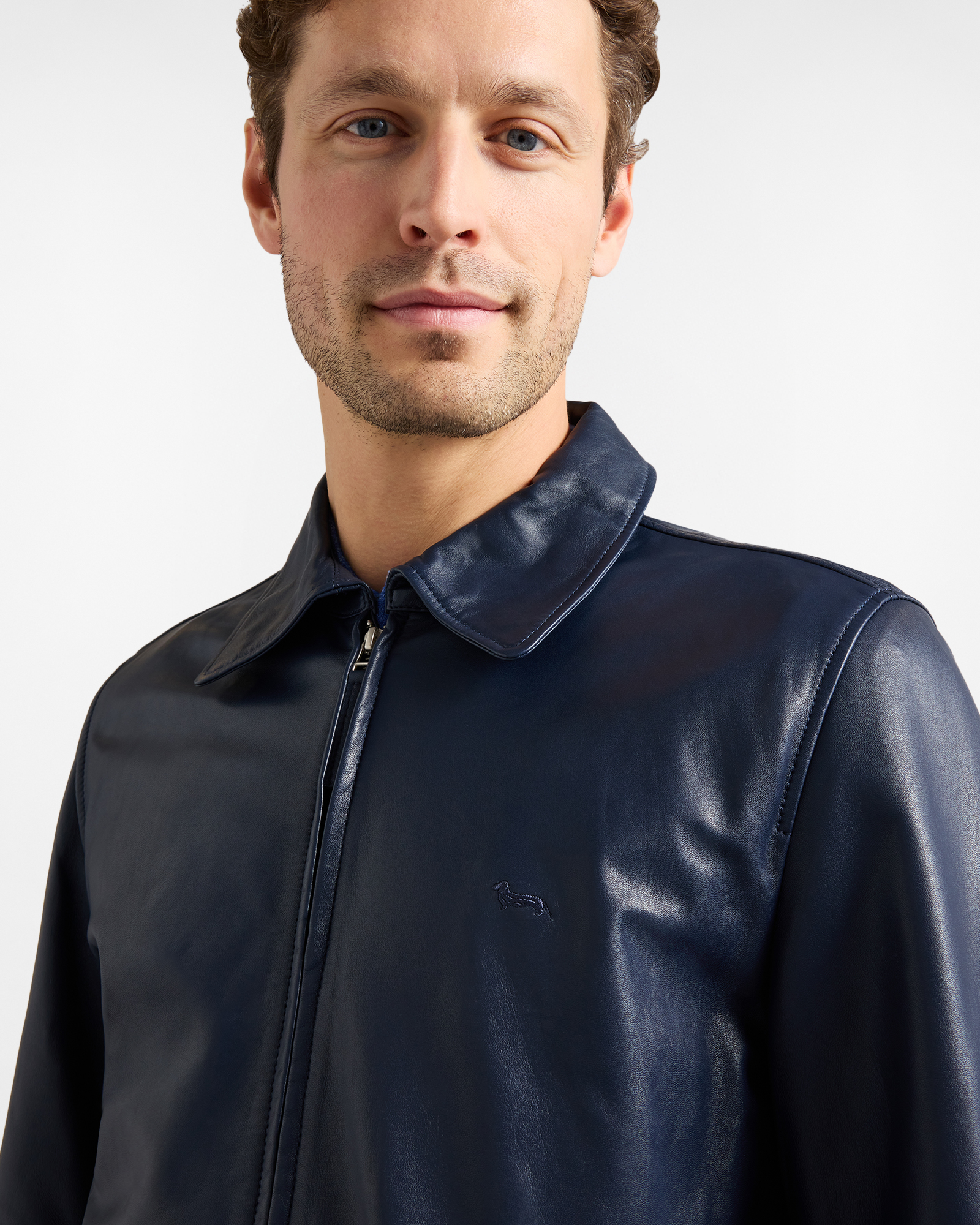 Bomber in vera pelle collo camicia, Blu, large image number 2