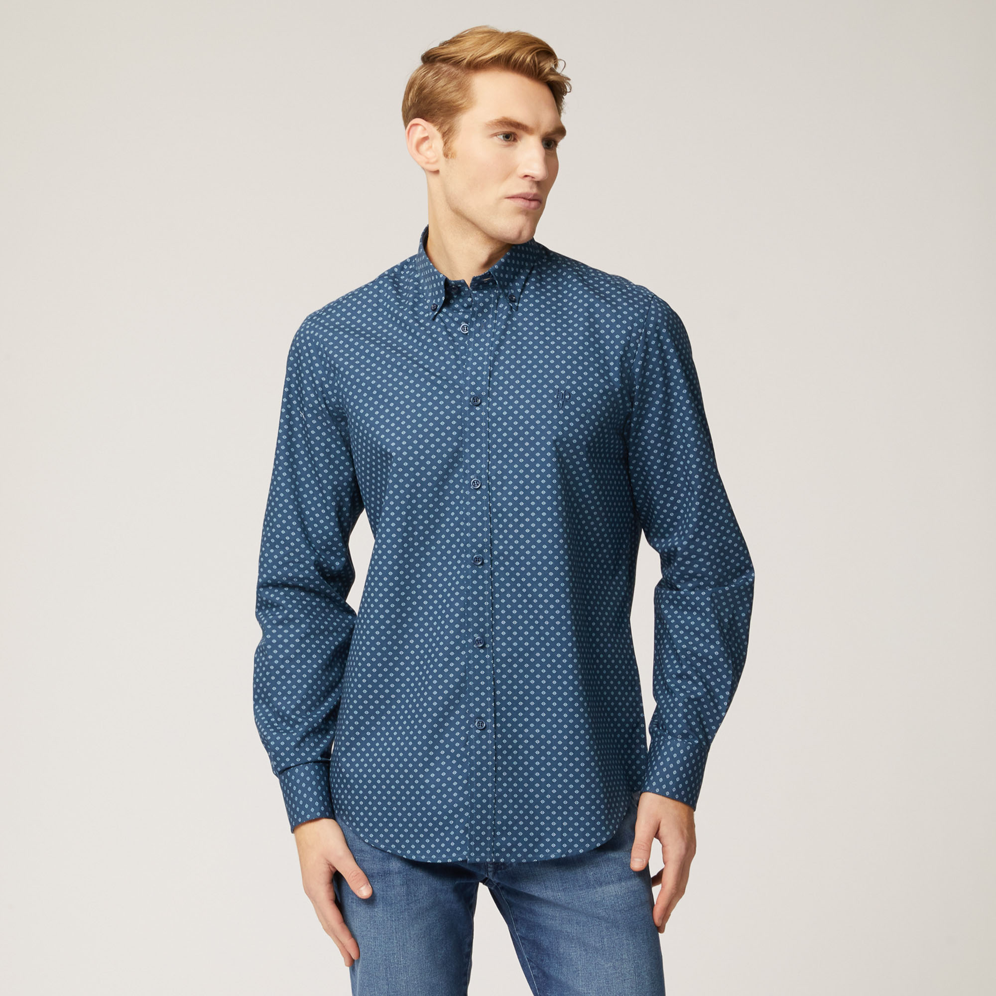 Camicia In Cotone Con Motivo Geometrico All-Over, Blu, large