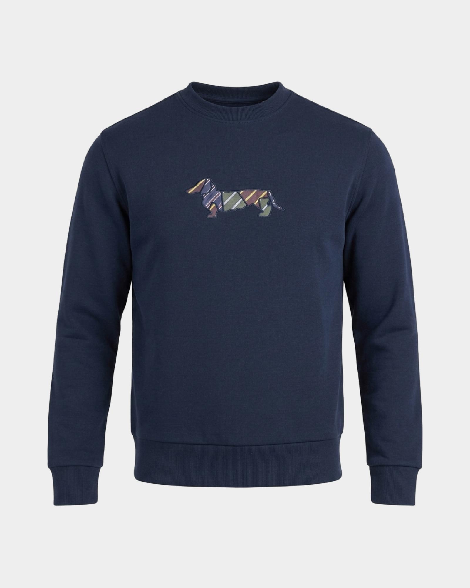 Sudadera para hombre cuello redondo en canal&eacute; azul con parche estilo regimental, AZUL MARINO, large