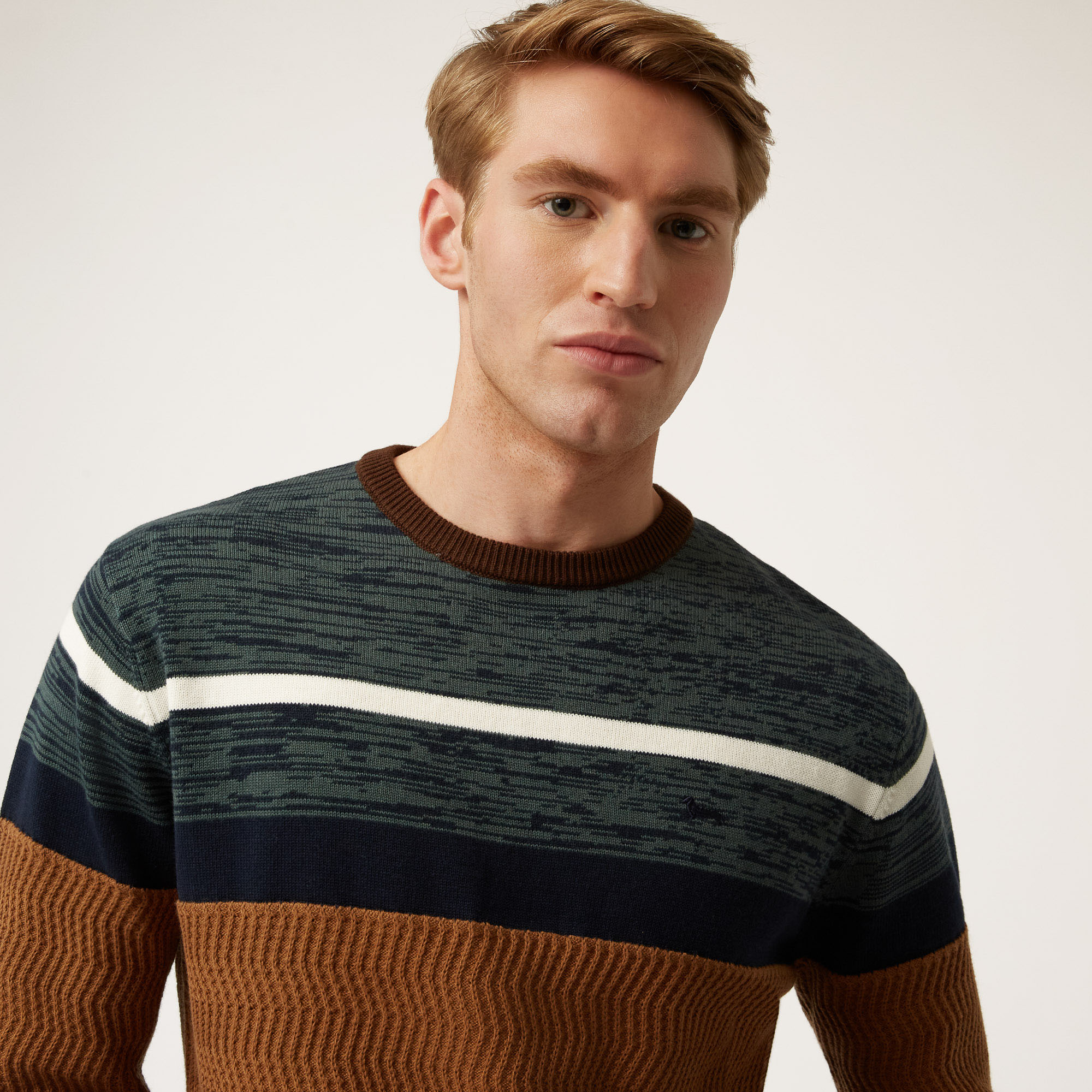 Wool And Cotton Crew-Neck Pullover With Horizontal Bands, Brown, large image number 2