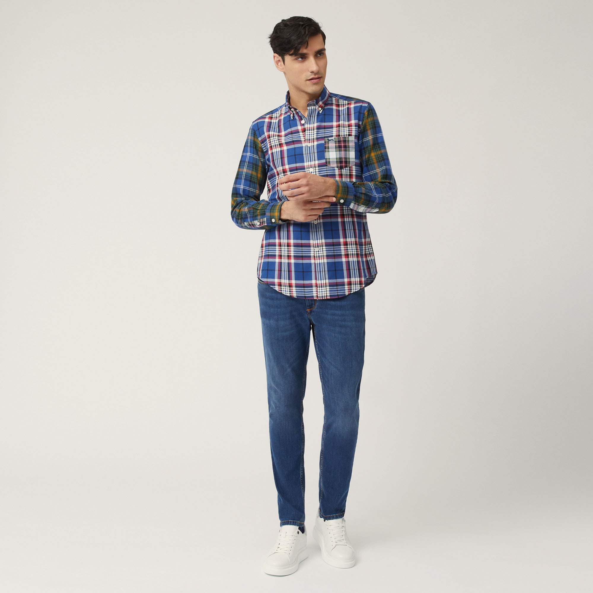 Three-Fabric Check Shirt, Blue, large image number 3