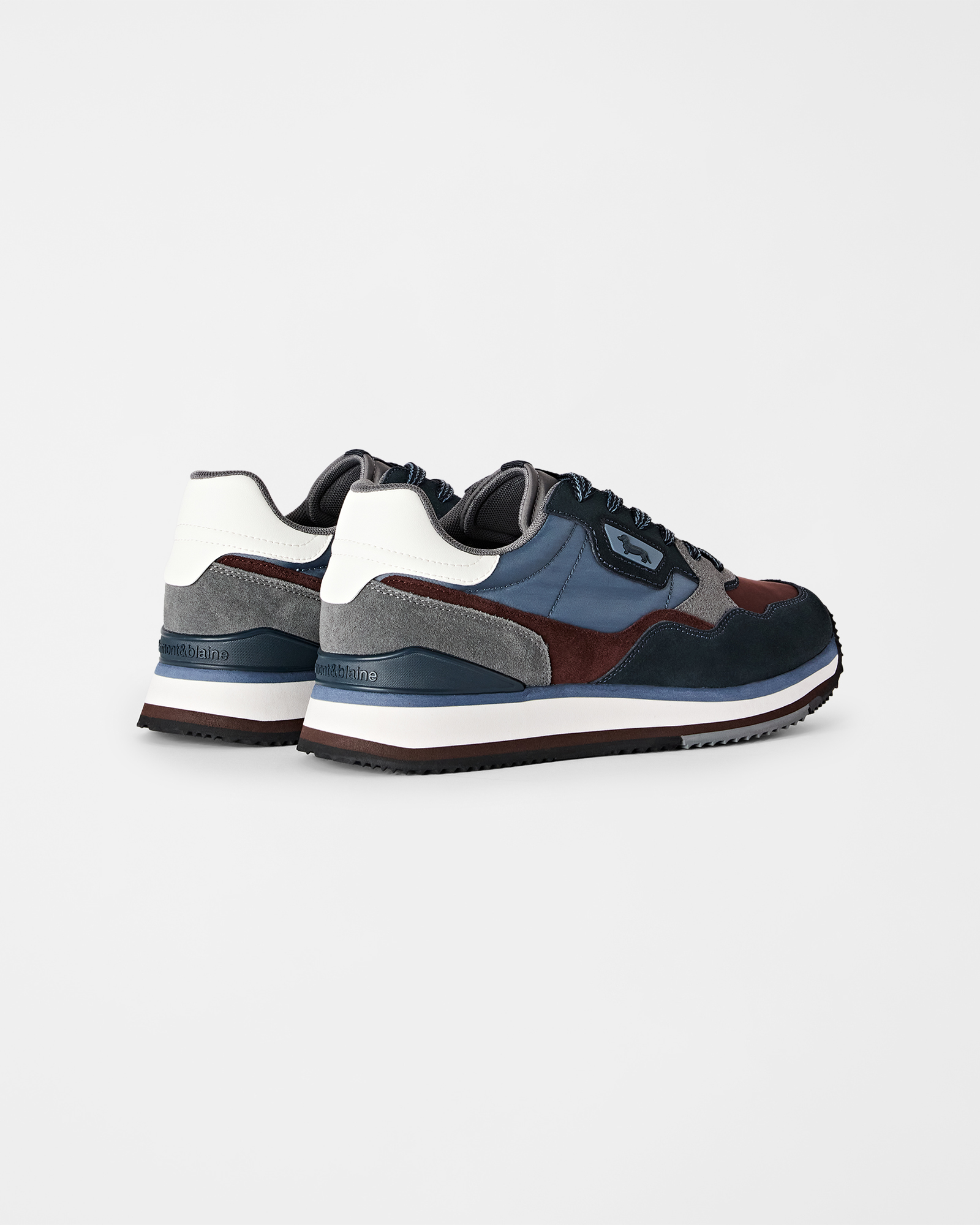 Men's running sneakers in three-tone suede and three-tone technical fabric, BLUE - BROWN, large