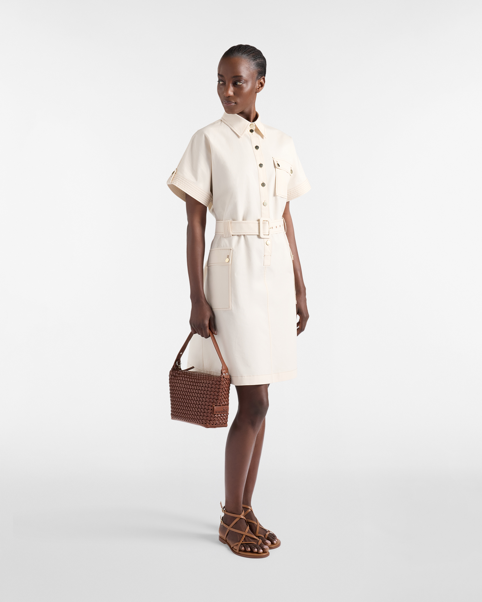 Shirt dress with pockets and belt, Beige, large image number 3