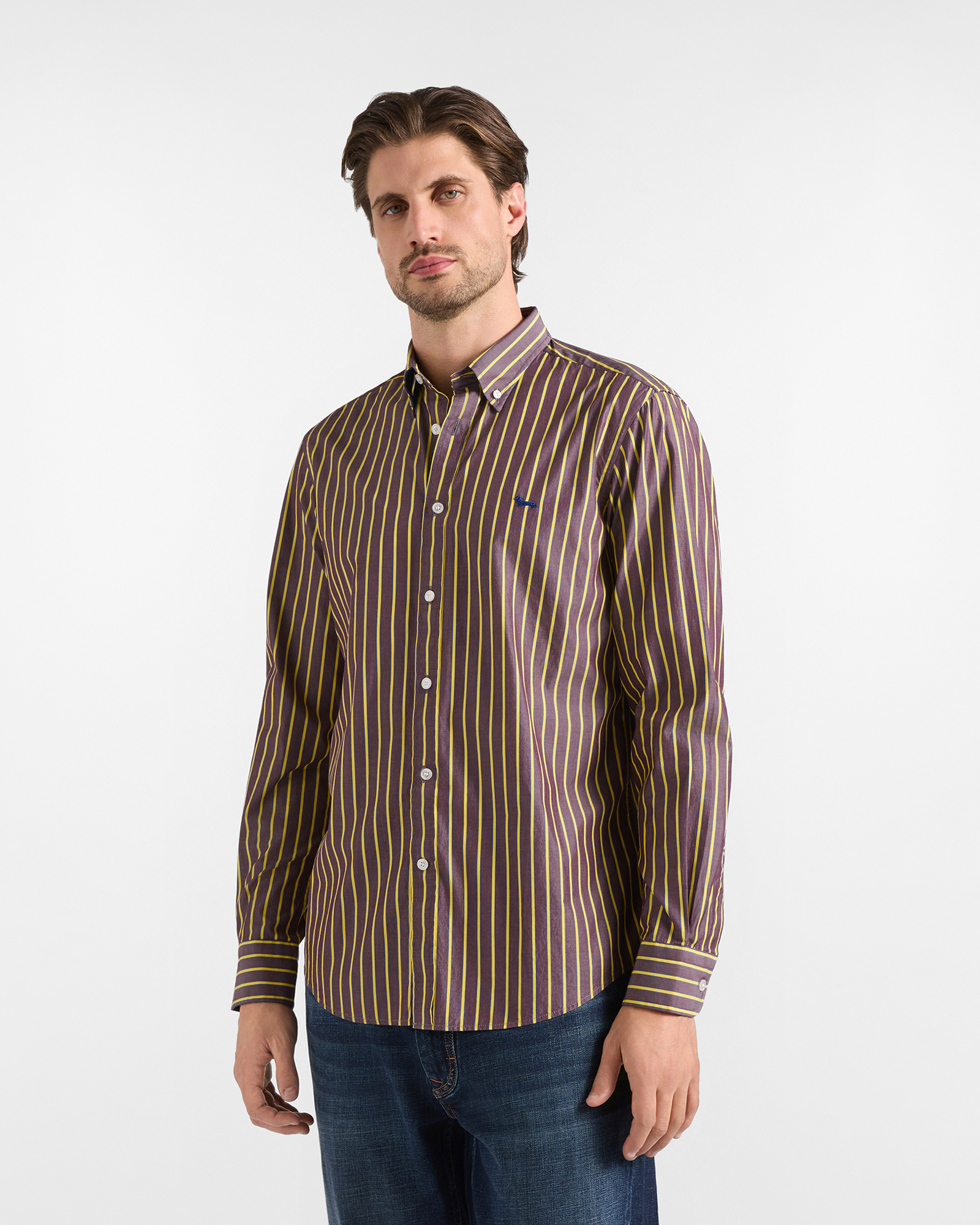 Men's regular-fit burgundy red cotton shirt with regimental stripes