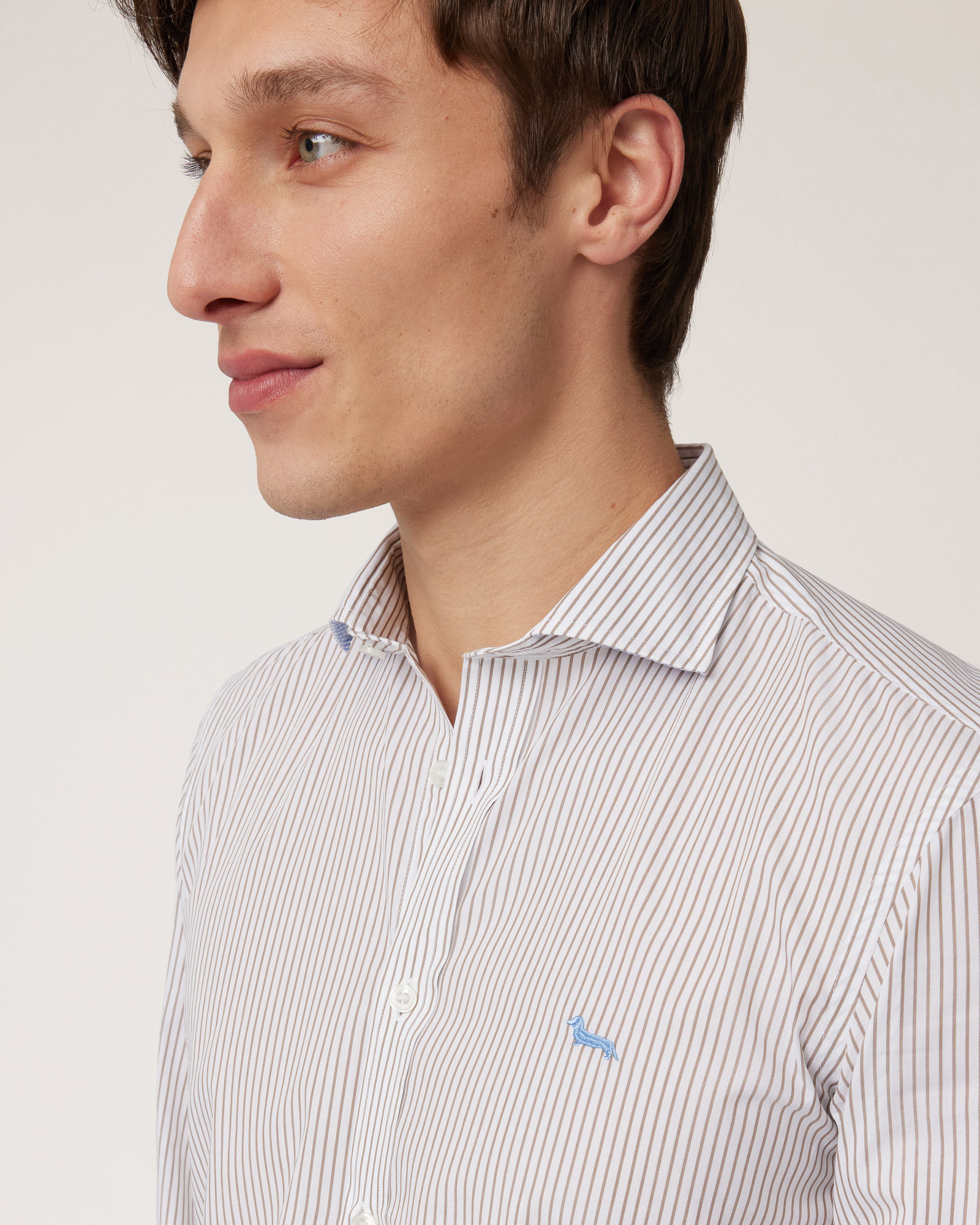 Striped Pure Cotton Shirt, Beige, large image number 2