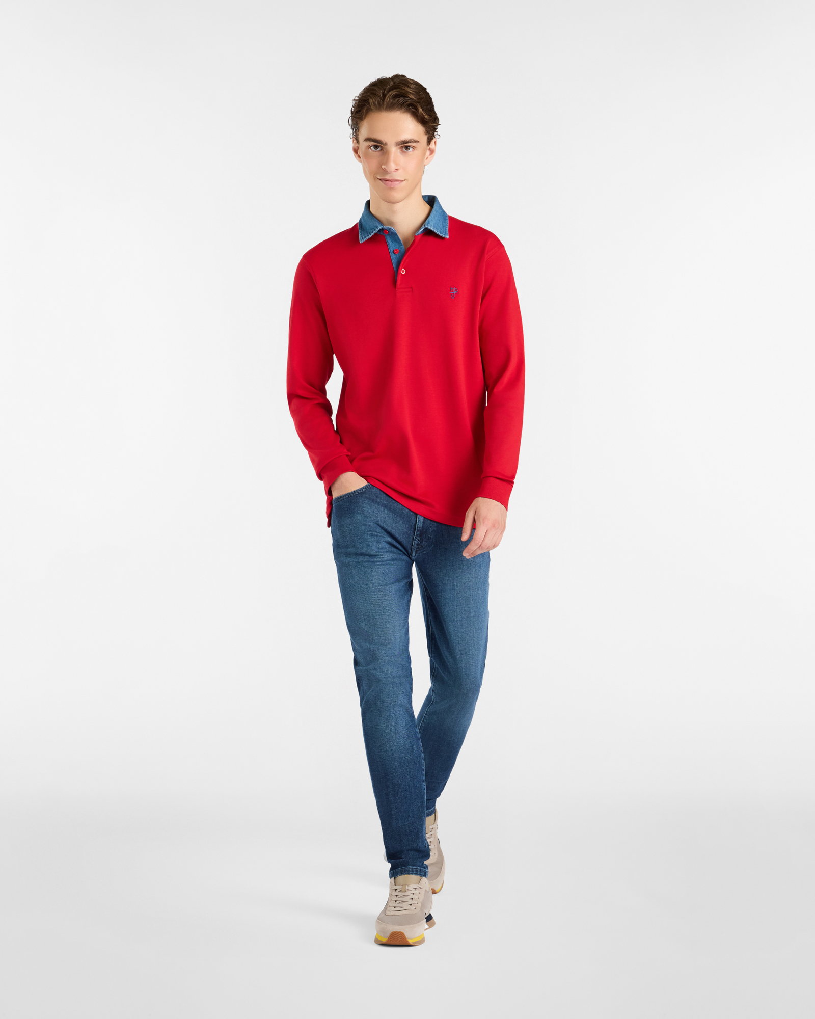Polo Manica Lunga in Cotone con Collo in Denim, Rosso, large image number 3