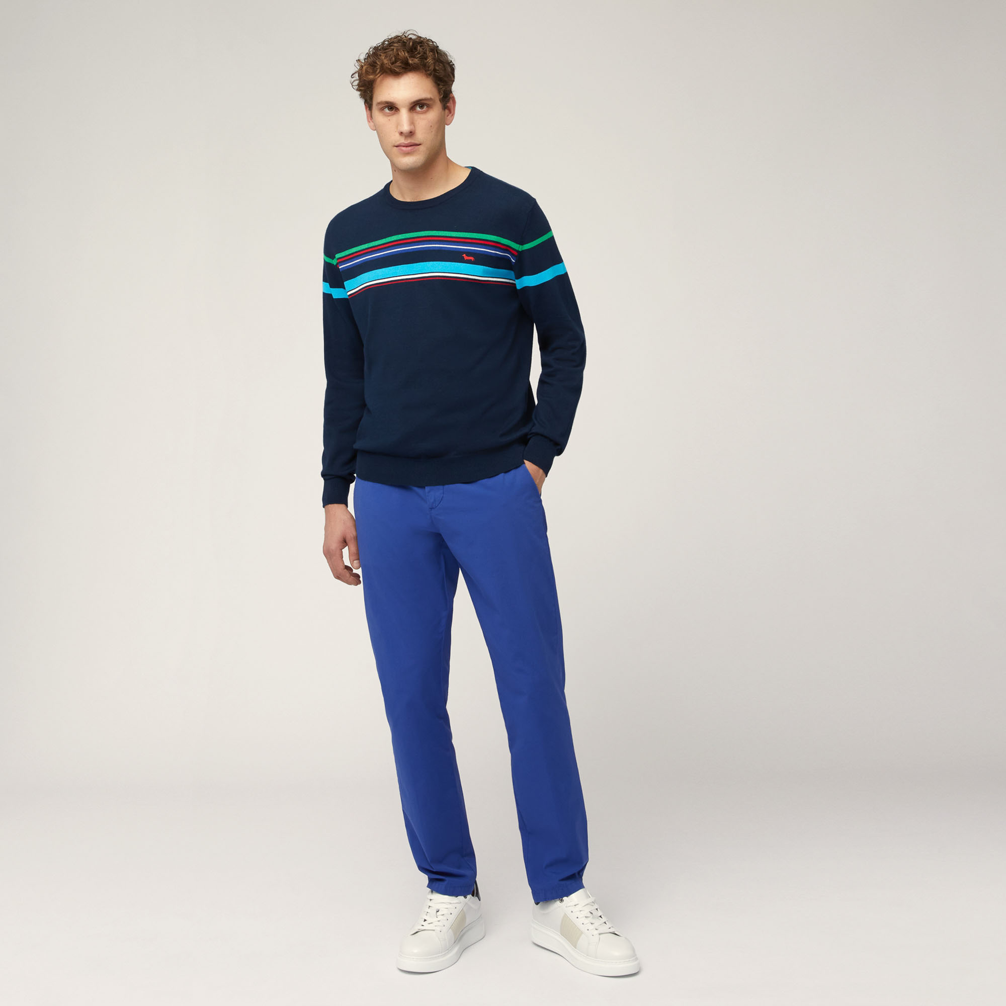Organic Cotton Crew Neck Pullover with Color Block Stripes, Night Blue, large image number 3
