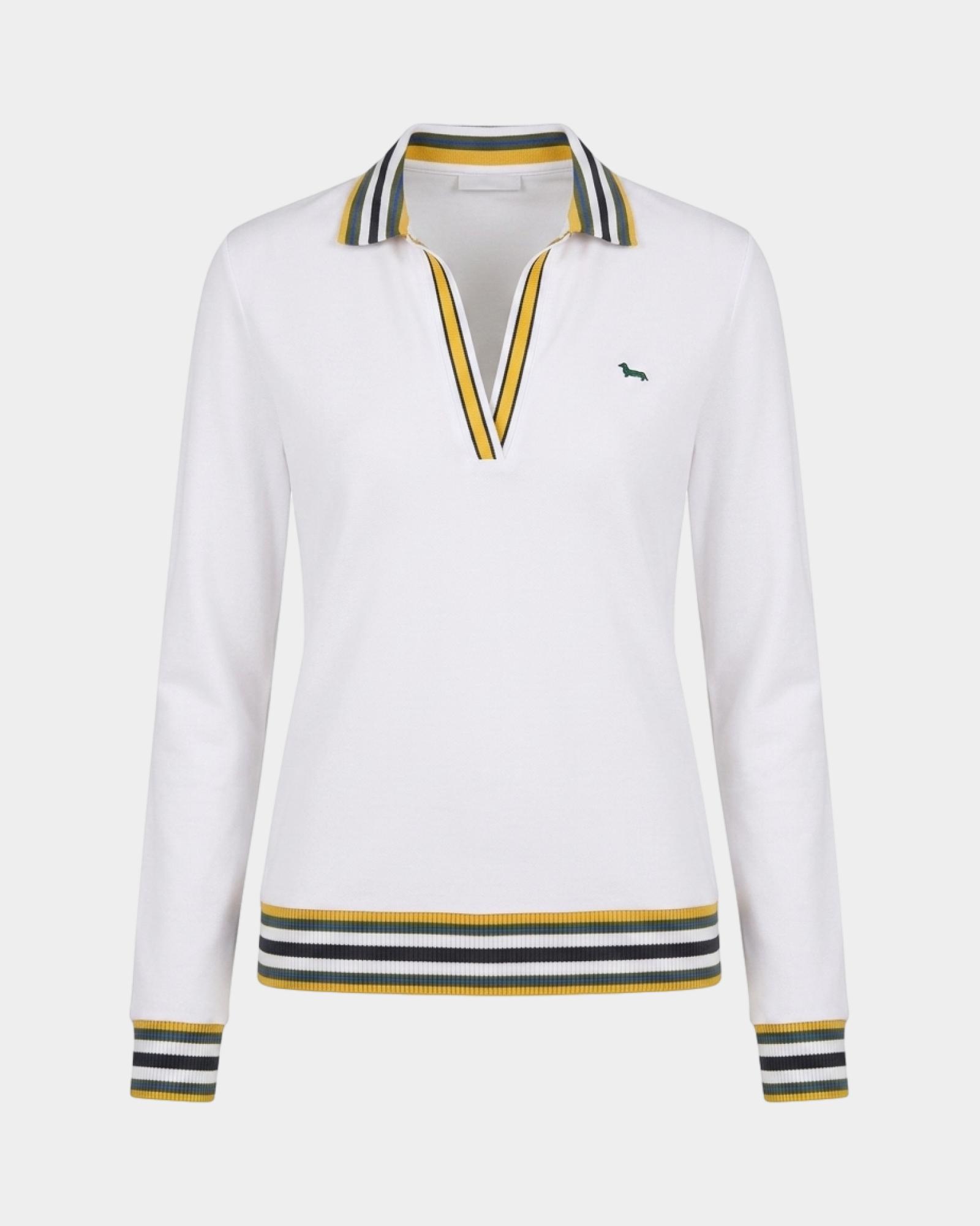 Polo para mujer de manga larga con escote en V de algod&oacute;n el&aacute;stico, BLANCO, large