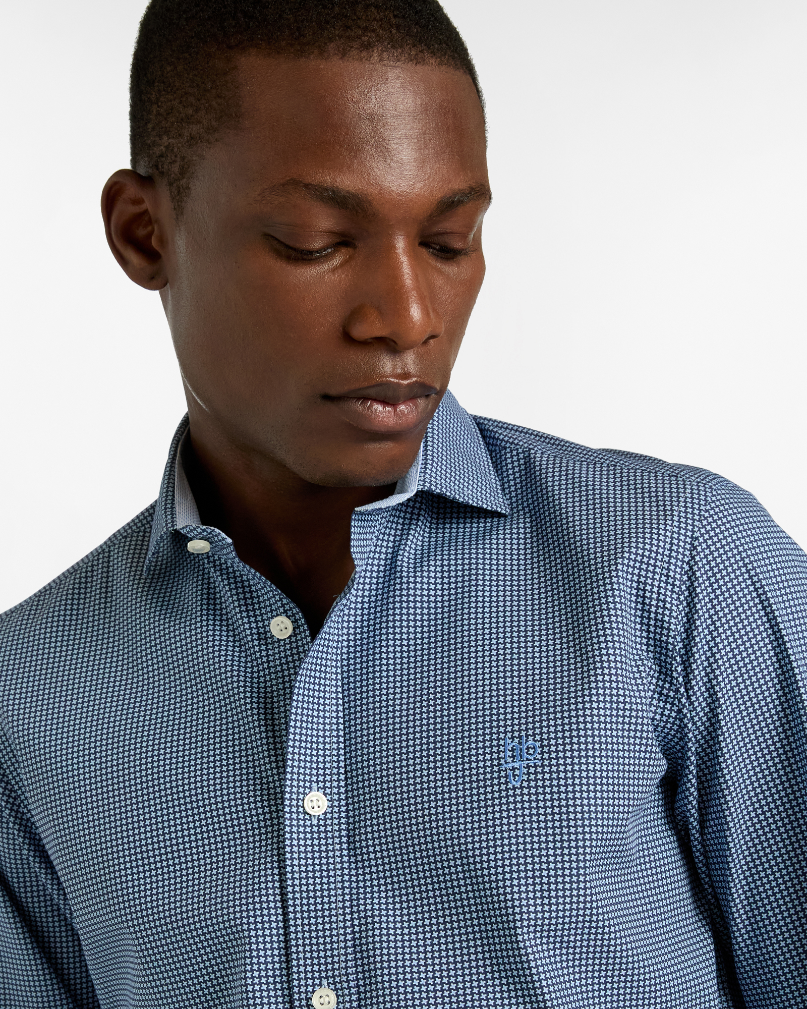 Camicia Microdisegno in Cotone con Collo alla Francese, Blu Scuro, large image number 2