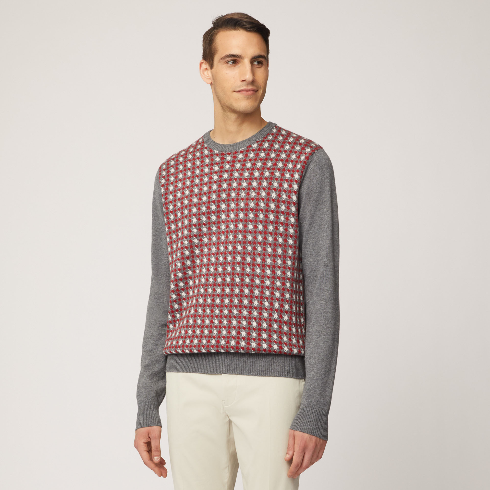 Pullover Girocollo In Misto Lana Con Fantasia Sul Davanti, Grigio Acciaio, large image number 0