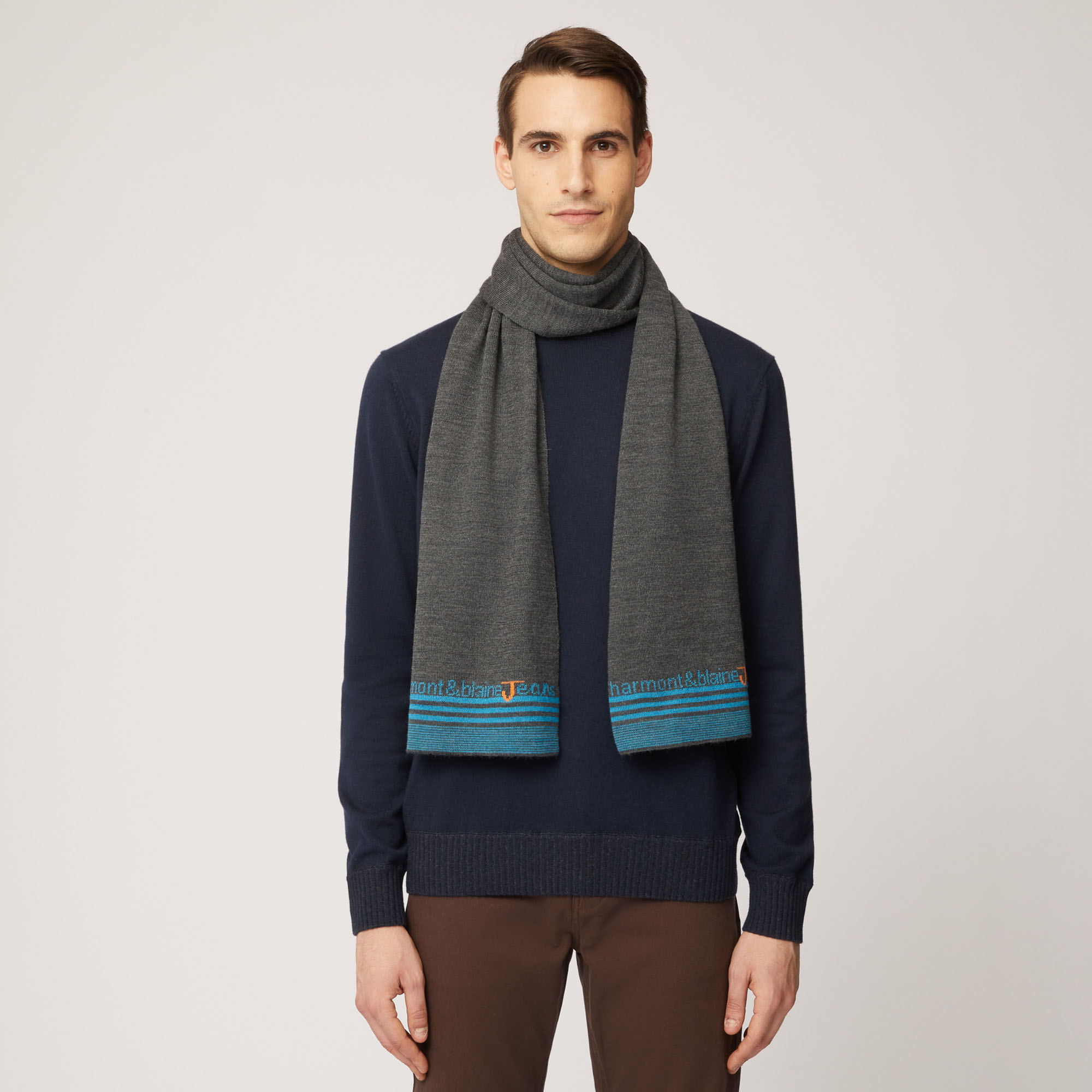 Sciarpa In Misto Lana Con Lettering E Righe, Grigio, large image number 2