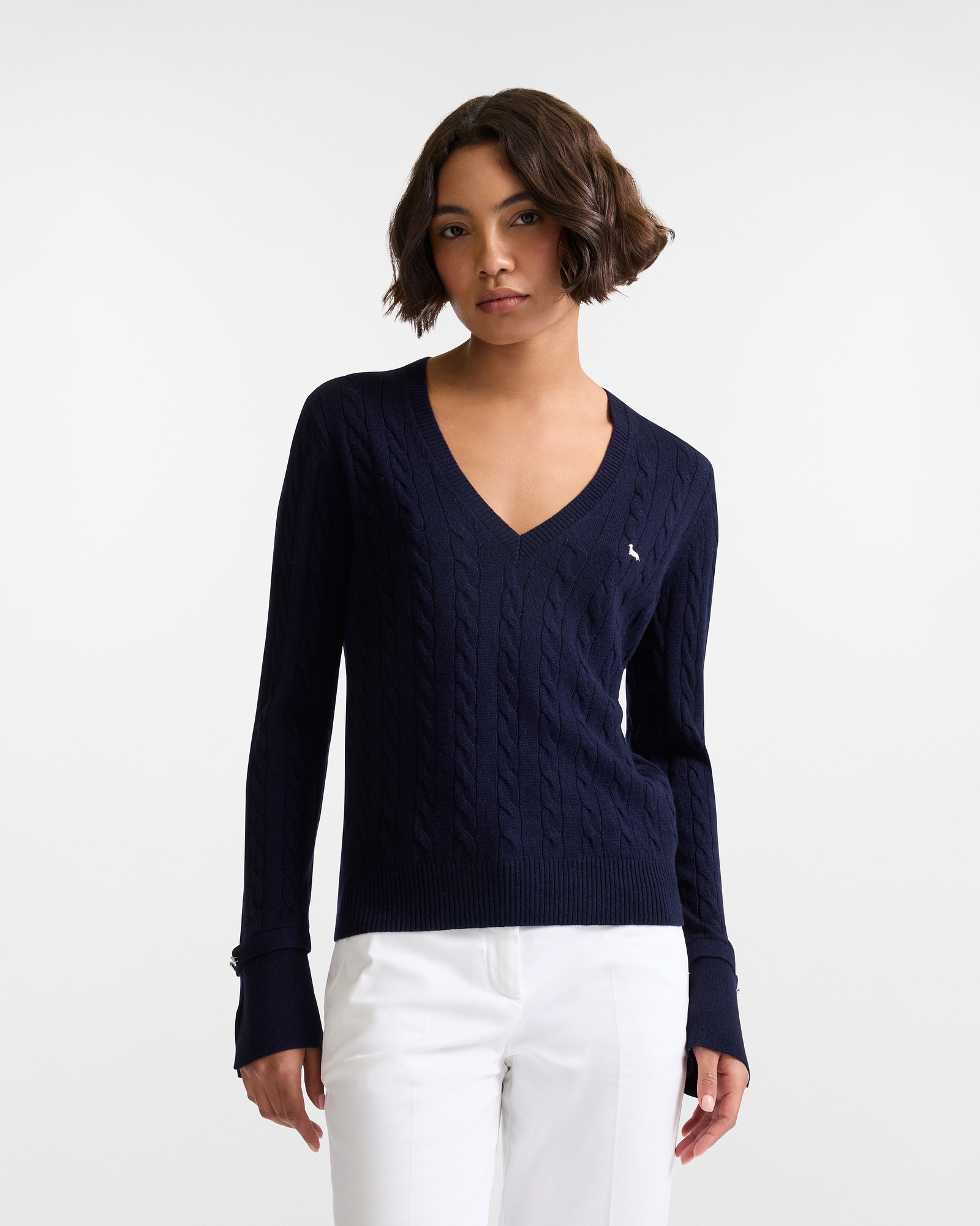 V-Ausschnitt Pullover mit Zopfmuster, Navyblau, large image number 0
