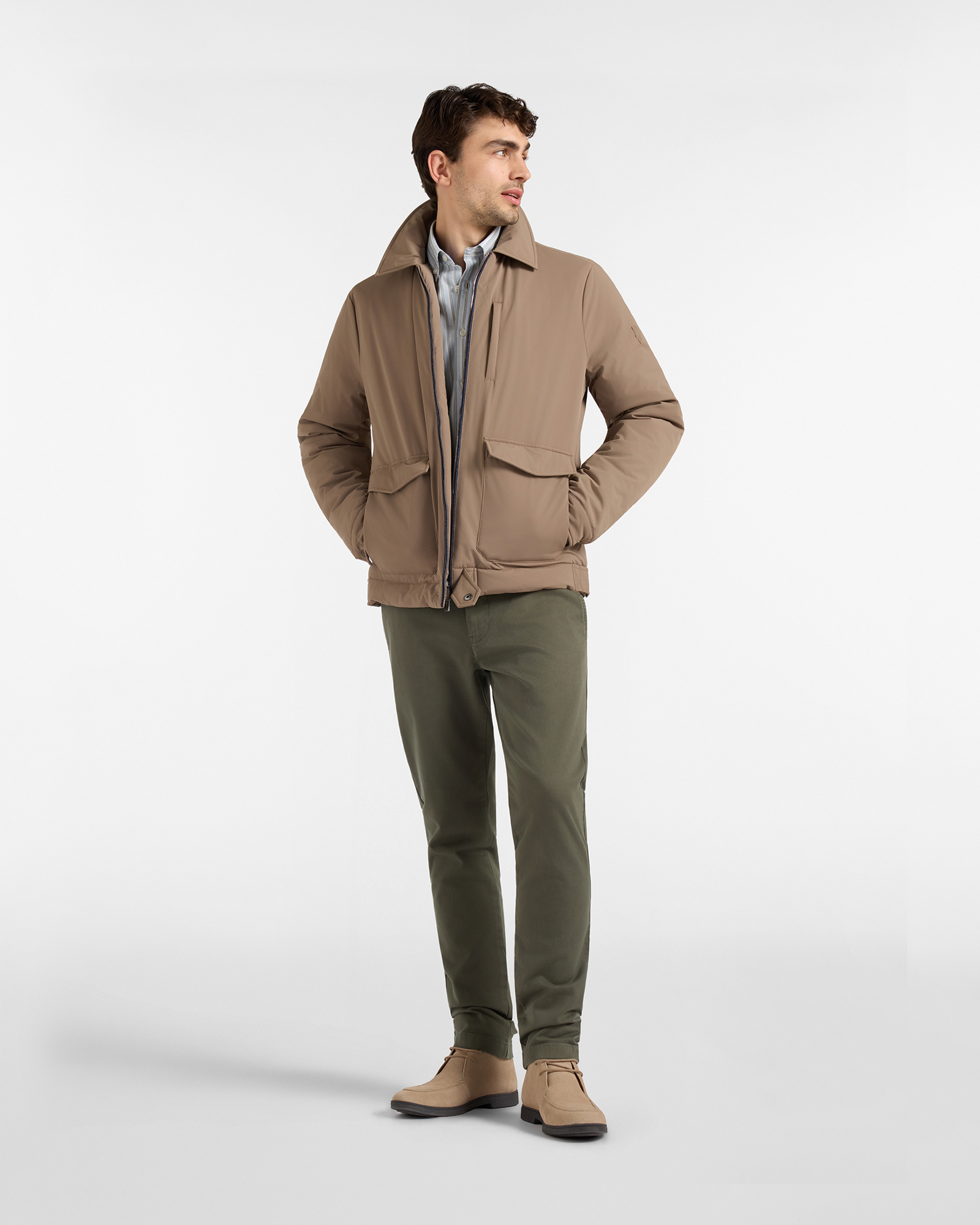 Giubbino HBJ Uomo Imbottito con Collo Camicia in Nylon, BEIGE, large