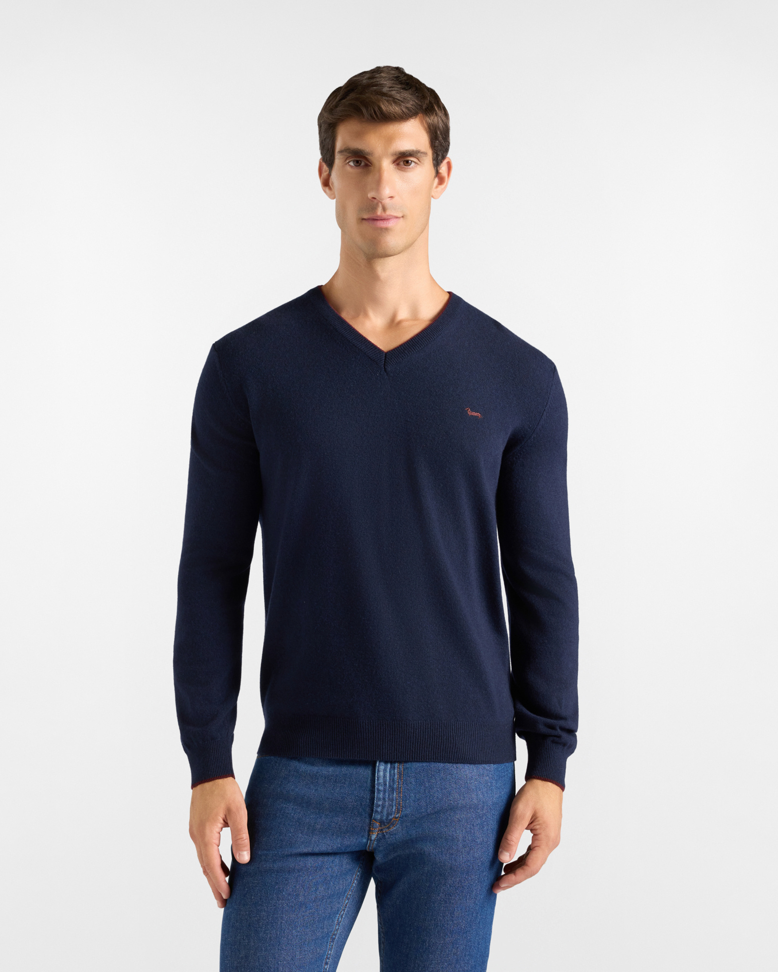 Men's regular fit V-neck sweater in a blue wool and cashmere blend