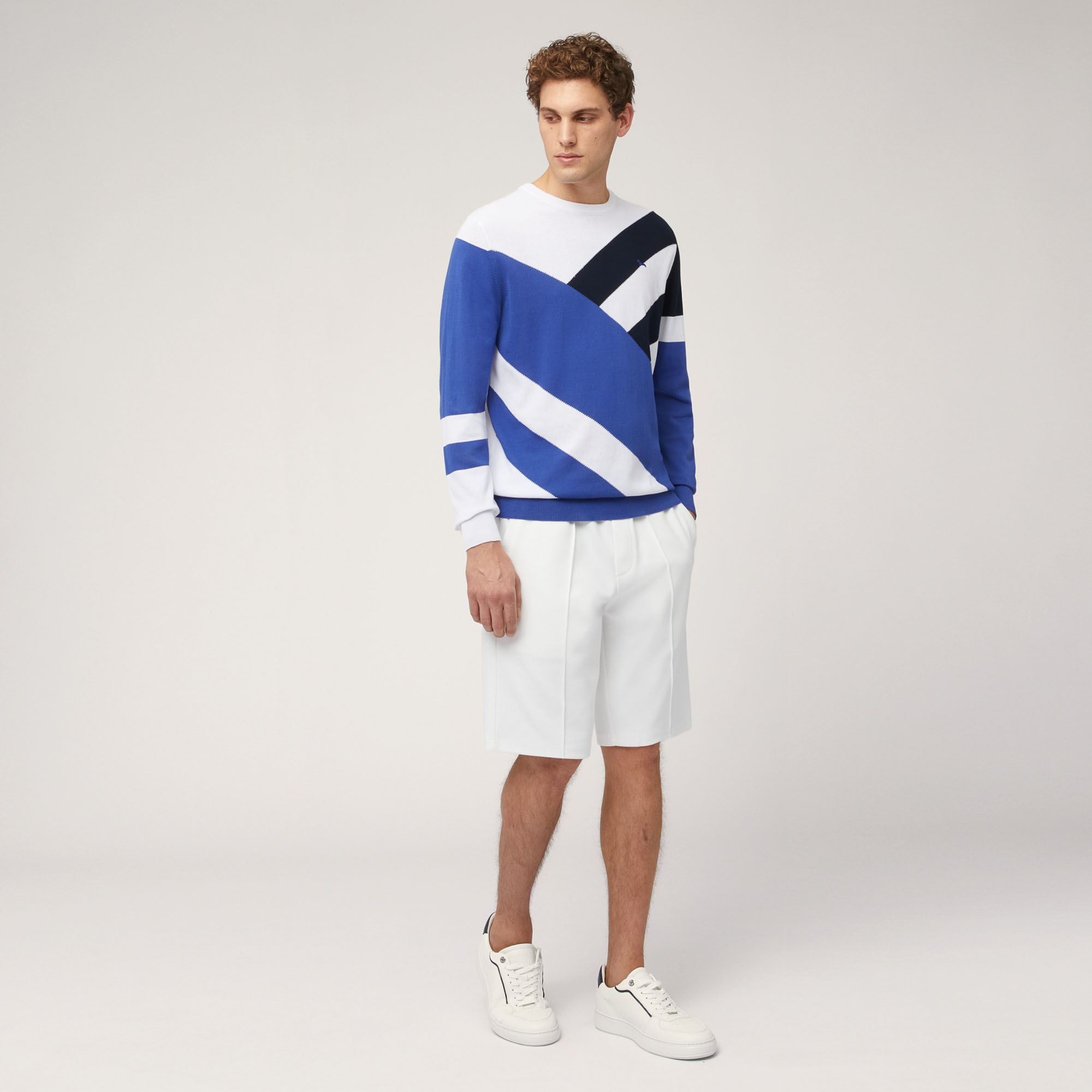 Cotton Crepe Crew Neck Pullover with Transverse Stripes, Blue, large image number 3