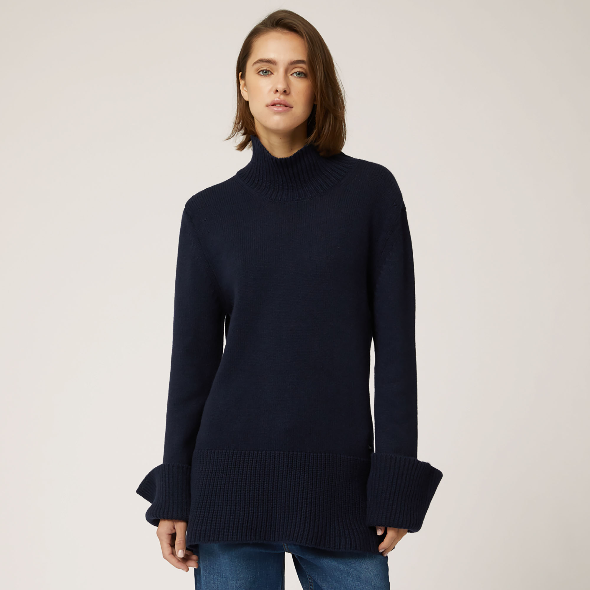 Dolcevita Lungo In Cashmere Color Block, Blu Navy, large