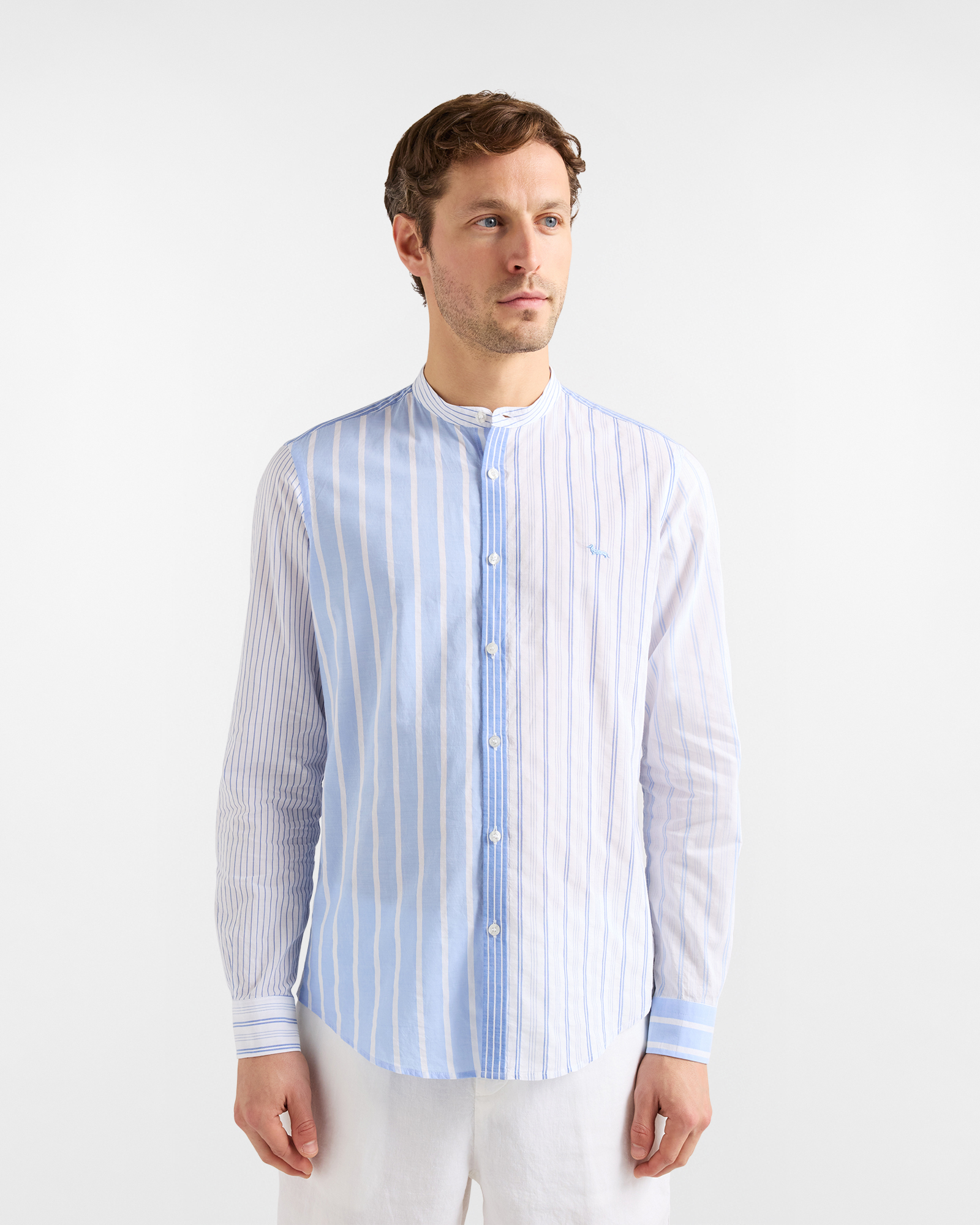 Men's striped patchwork shirt with mandarin collar