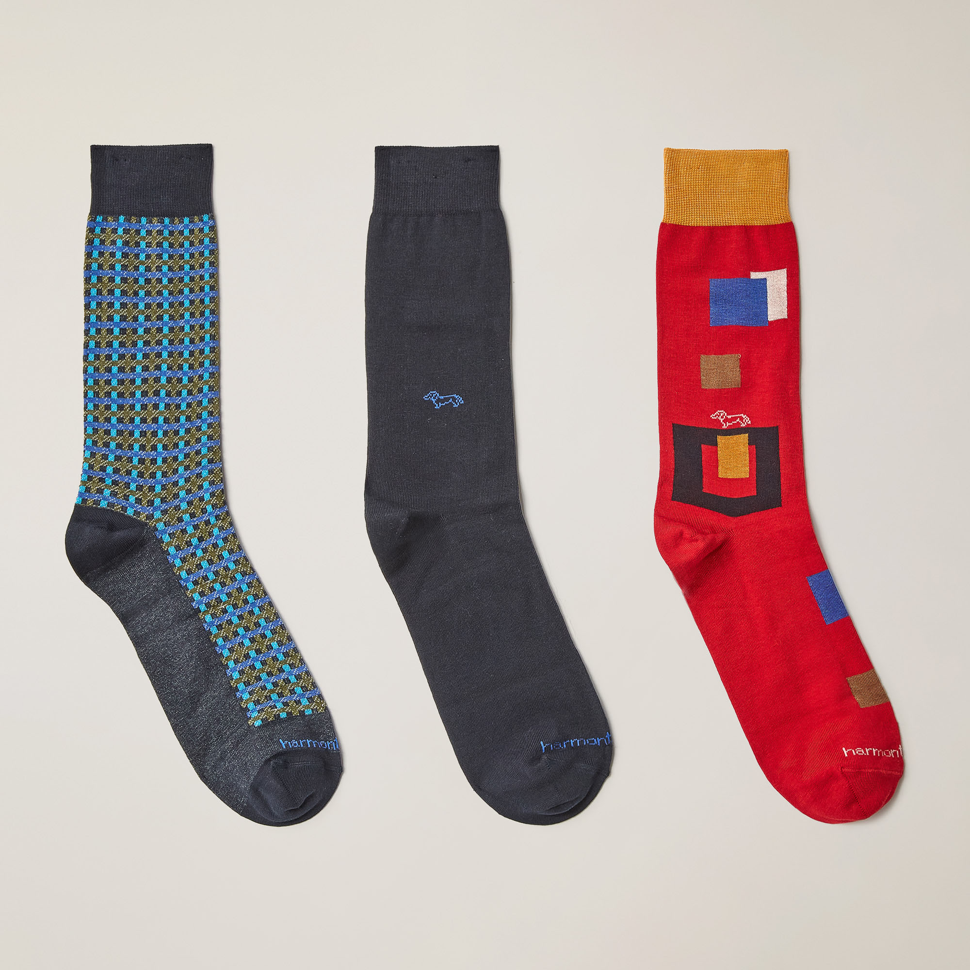 Pack De Tres Calcetines Cortos Vichy, Lisos Y Patchwork, Azul, large image number 0