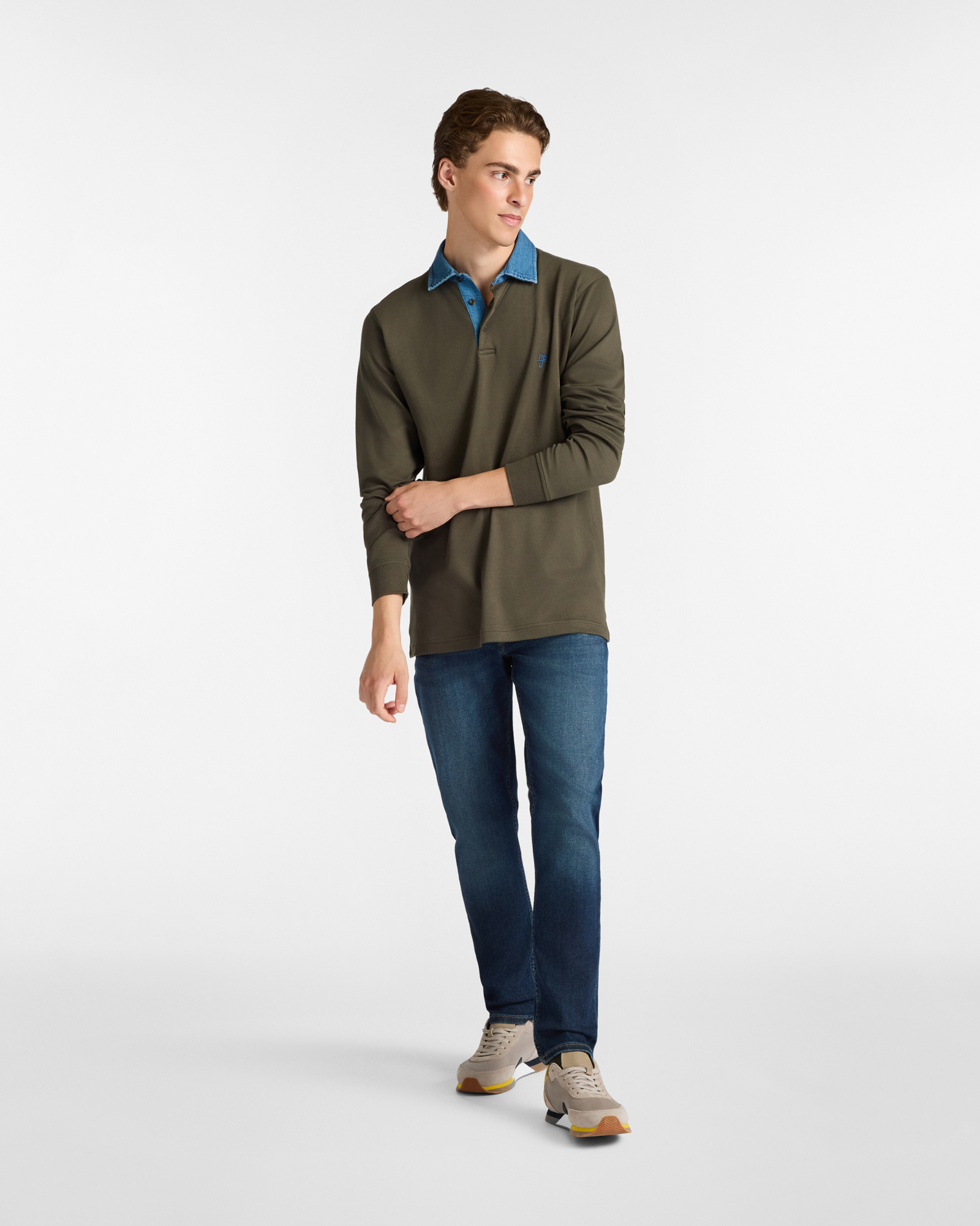 Polo Manica Lunga in Cotone con Collo in Denim, Verde Oliva, large image number 3