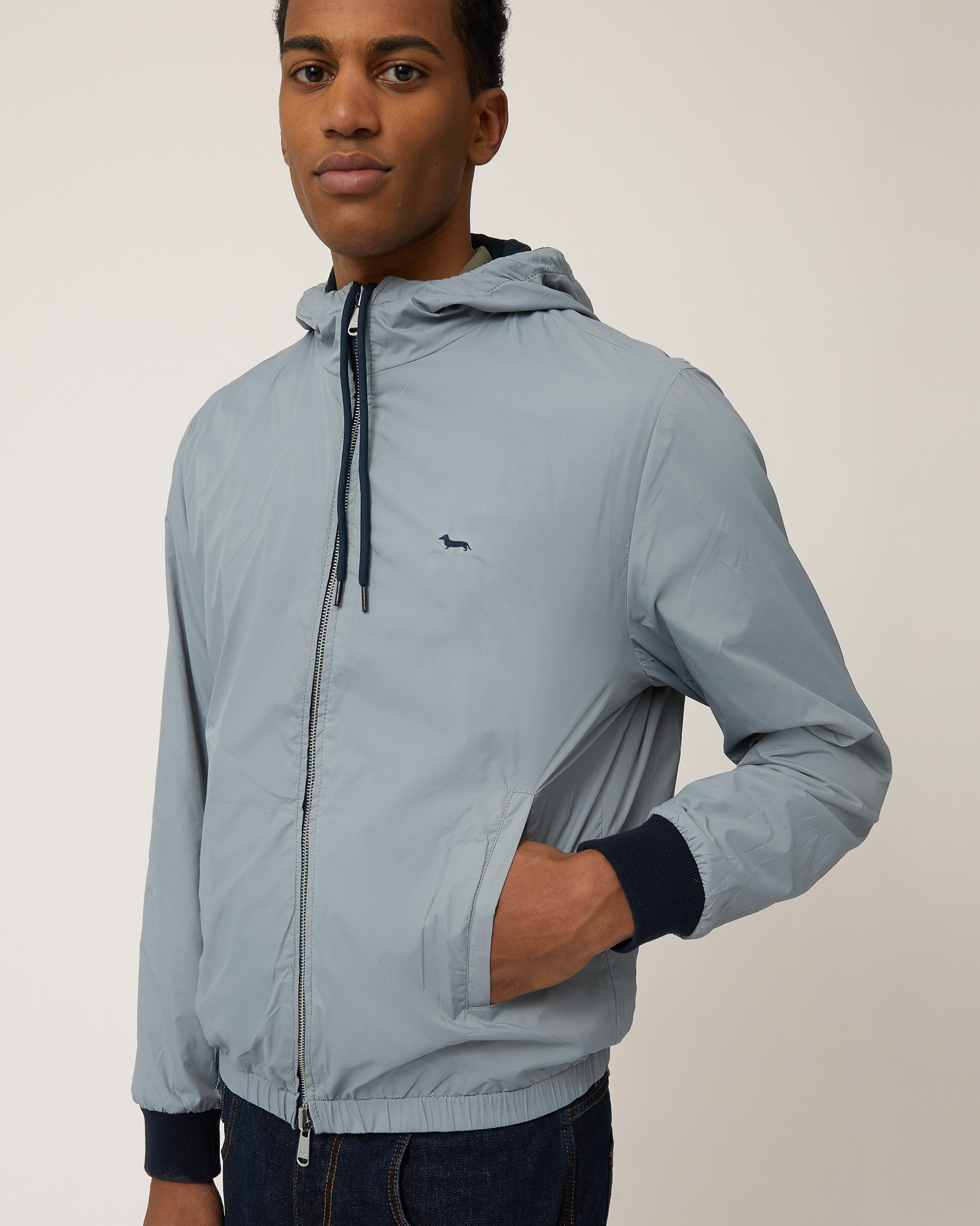 Leather and Nylon Bomber Jacket, Navy Blue, large image number 2