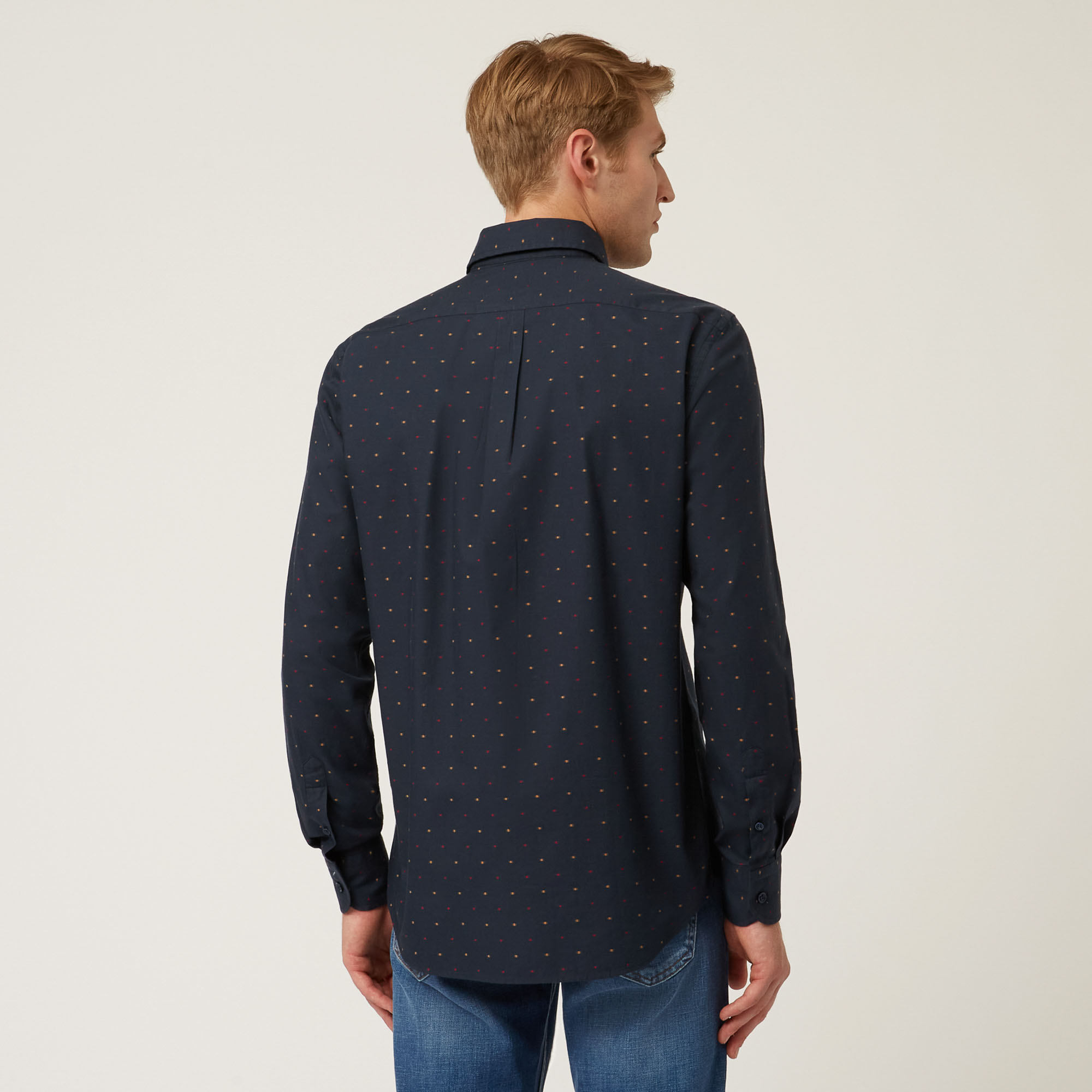 Camicia In Cotone Con Microfantasia All-Over, Blu Navy, large image number 1