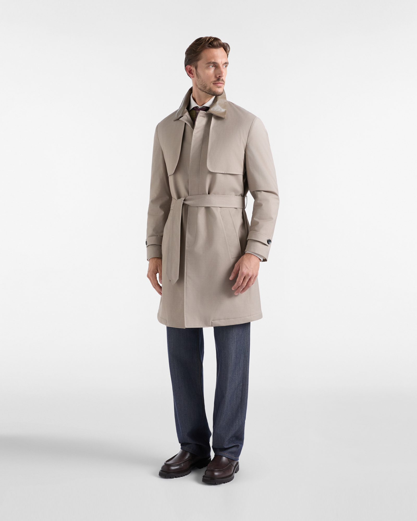 Men&rsquo;s Trench Coat with Genuine Leather Collar, BEIGE, large