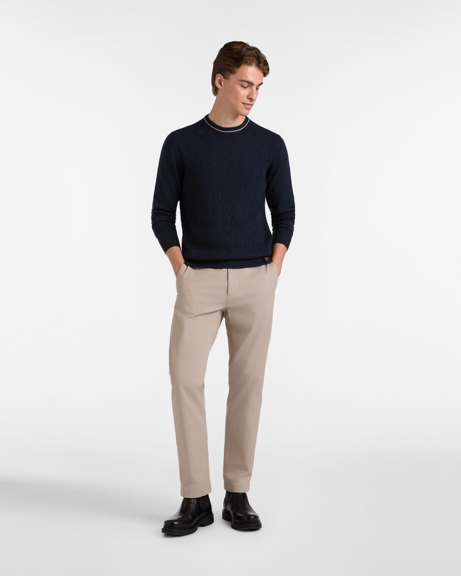 Crew Neck Sweater with Herringbone Stitch, Dark Blue, large image number 3