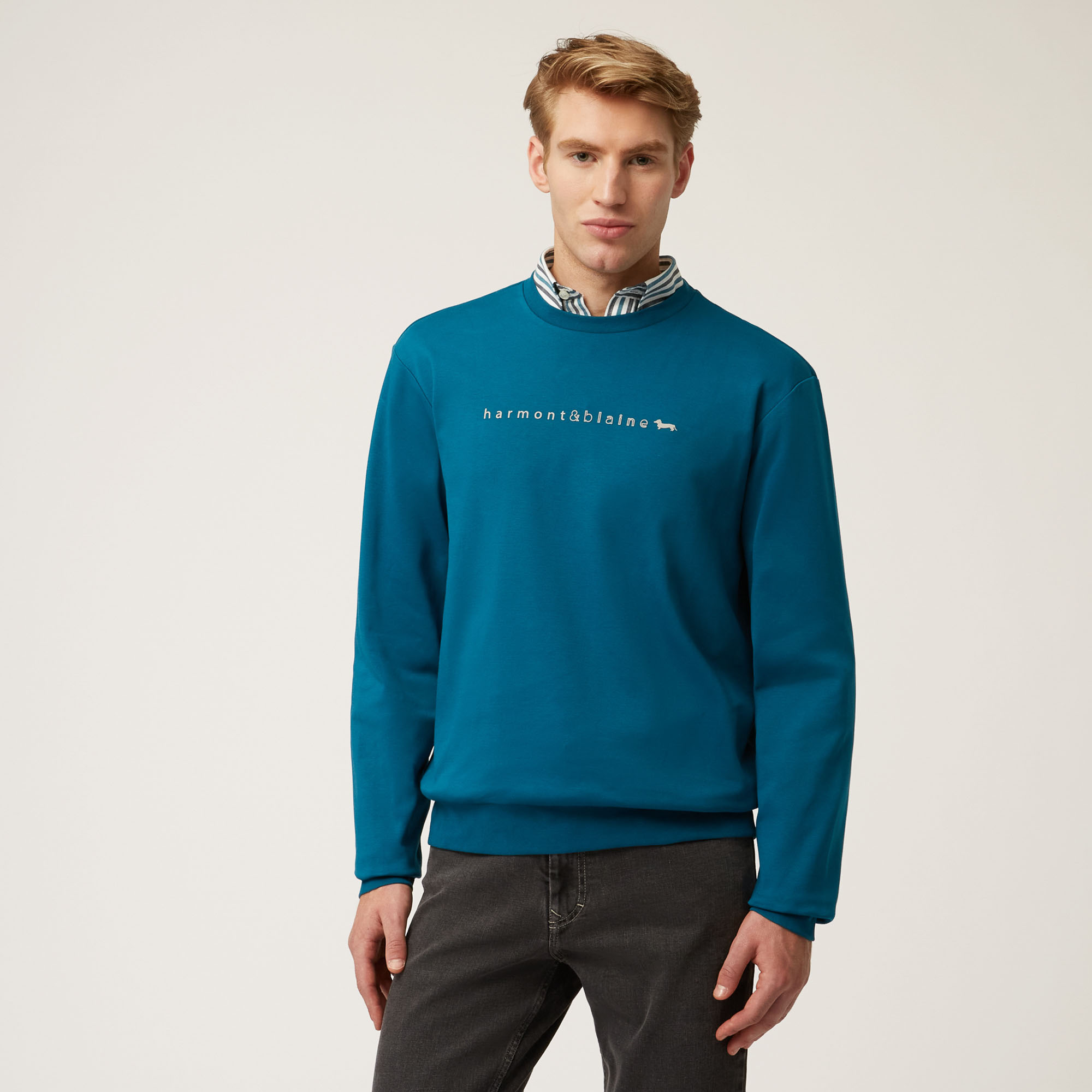 Crew-Neck Sweatshirt With Contrasting 3D Logo And Lettering, Blue, large image number 0