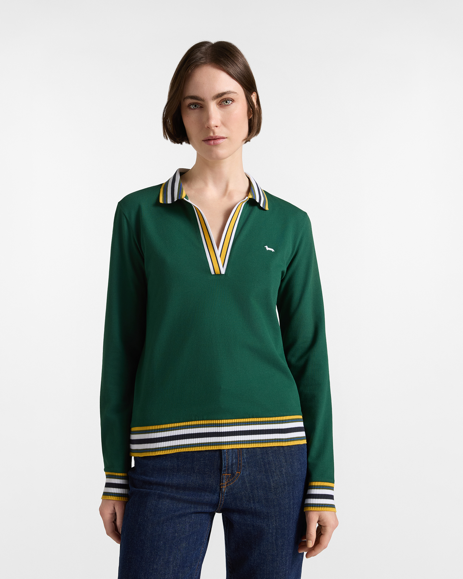 Women's long-sleeve green stretch cotton polo shirt with V-neck