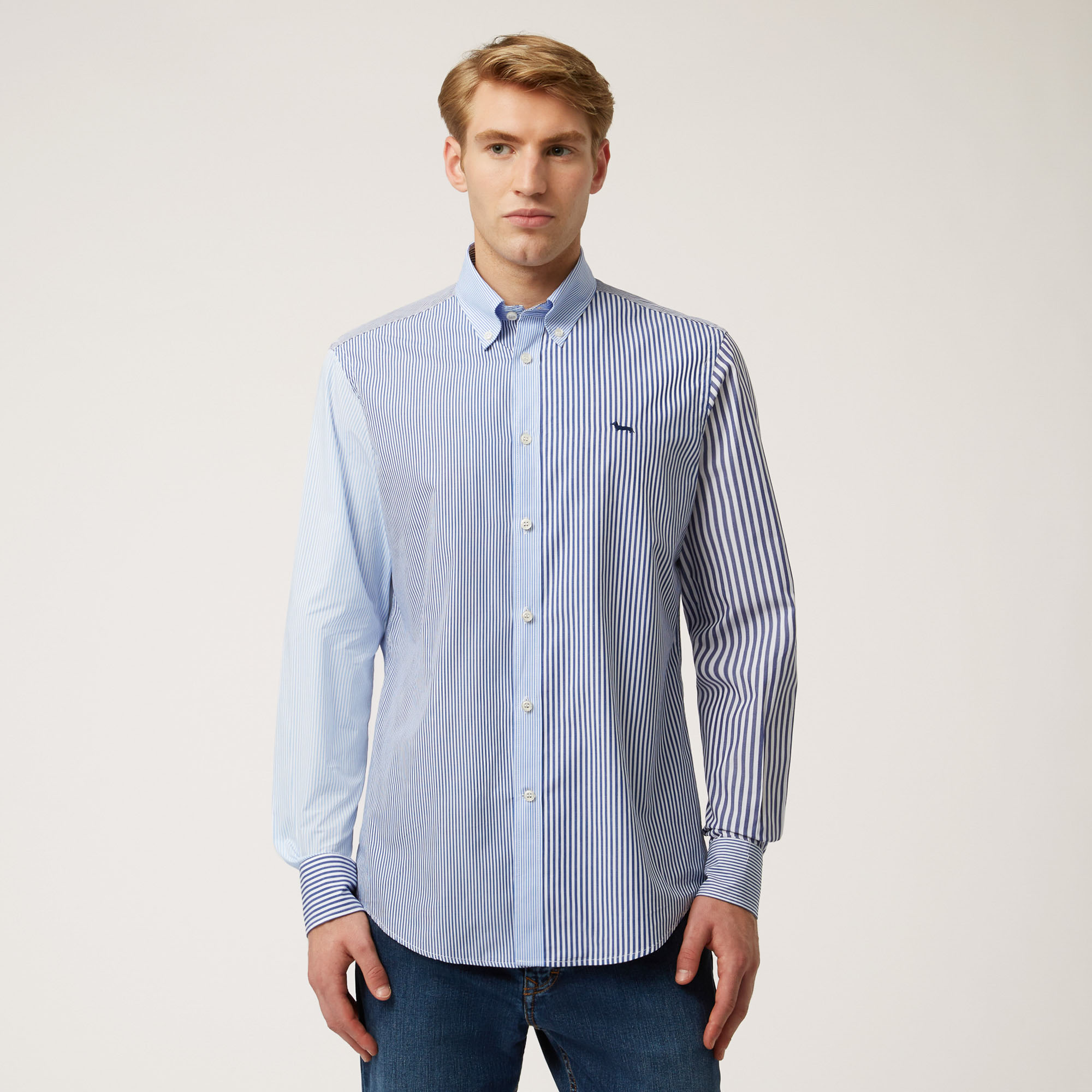 Mixed-Fabric Cotton Shirt, Blue, large