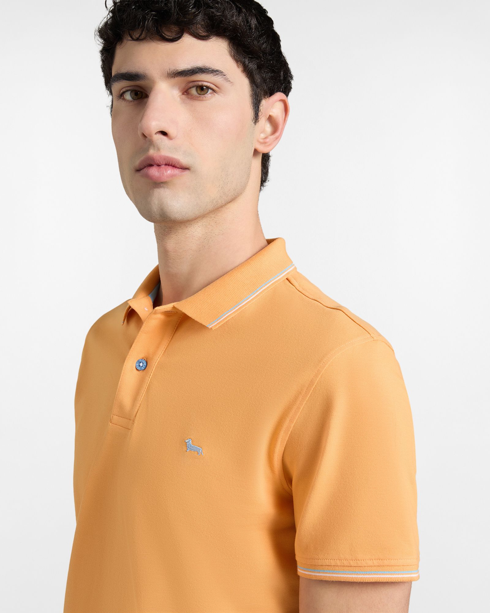 Polo in Piquet Stretch con Dettagli Righe, Arancio, large image number 2