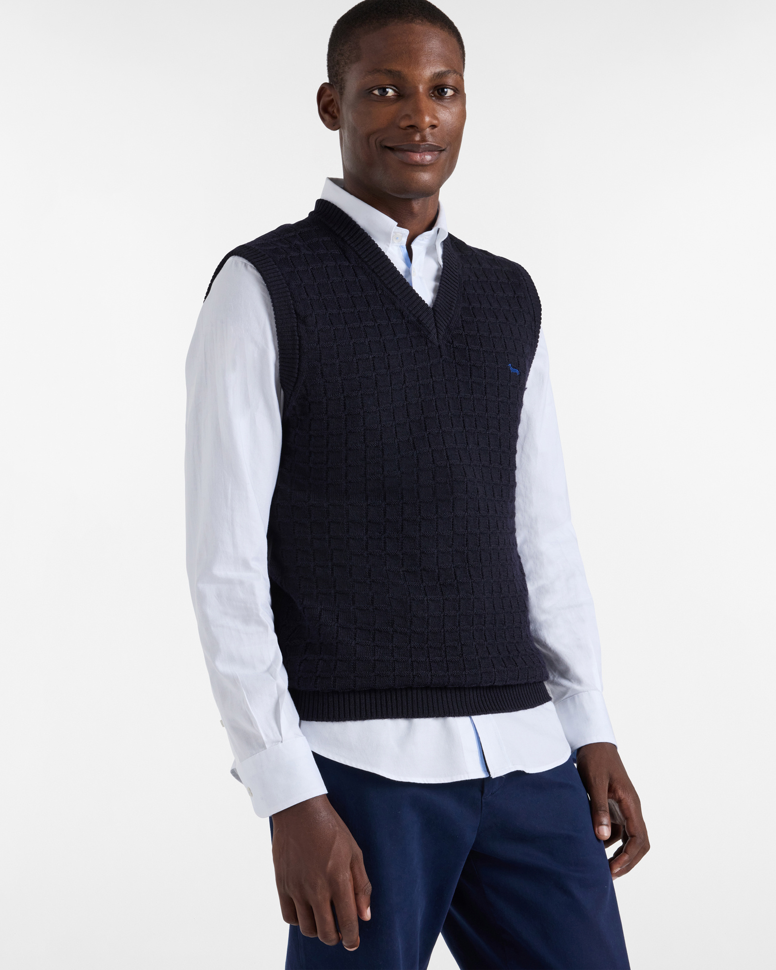 Vest with Checkered Pattern, Navy Blue, large