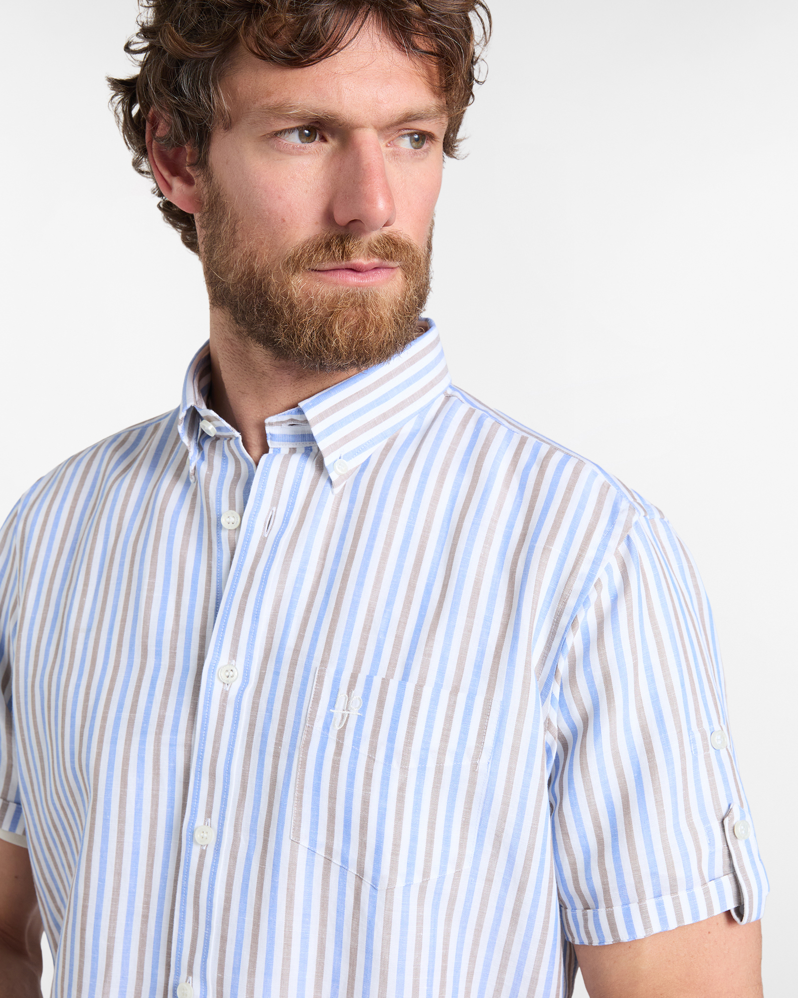 Camicia Uomo a Righe con Taschino Regular Fit, Beige, large image number 2