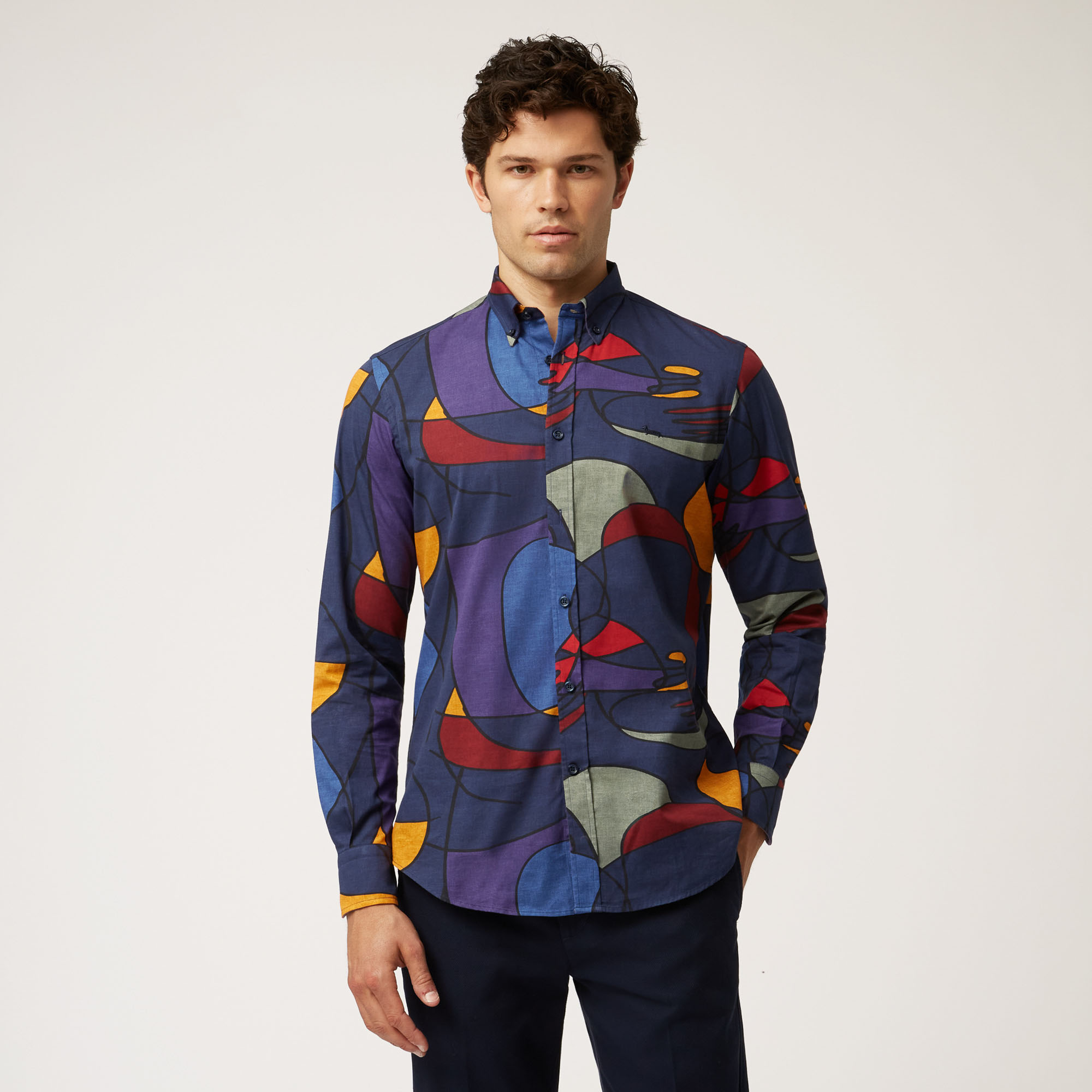 Camisa De Algodón Con Estampado Abstracto, Azul, large image number 0