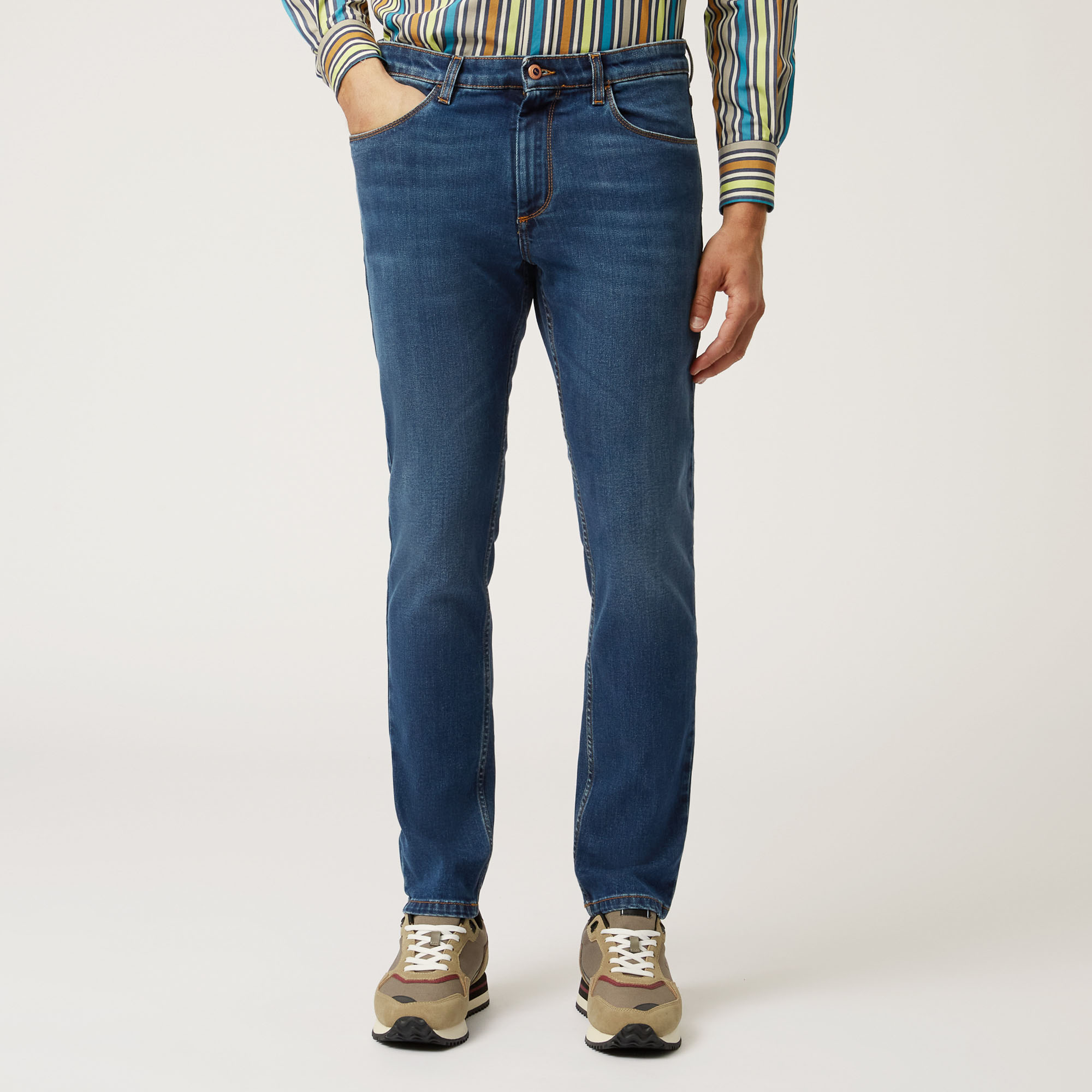 Slim Fit Five Pocket Pants With Vintage Effect in Blue Luxury