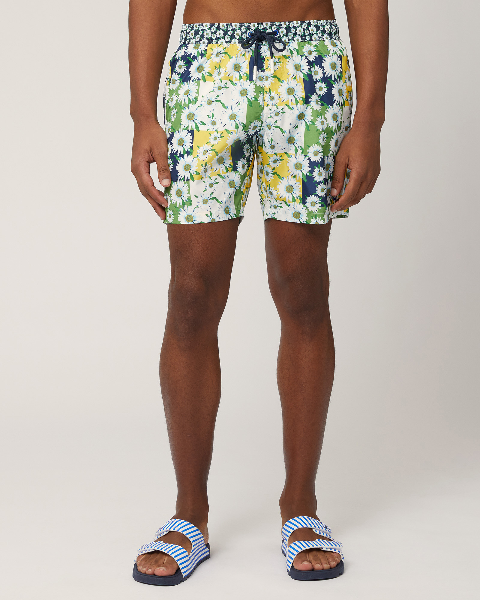 Swim Trunks with Squares and Daisies